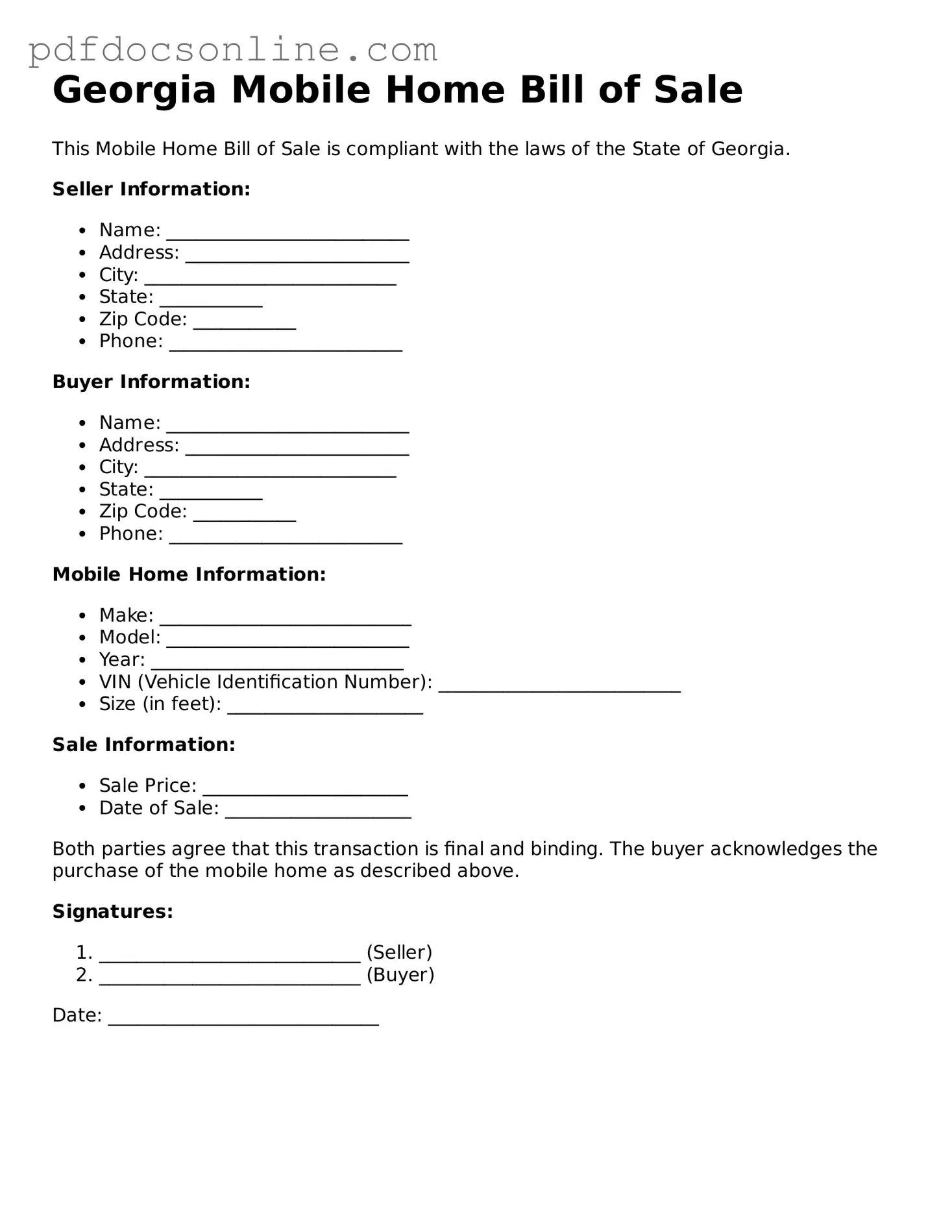 Attorney-Verified  Mobile Home Bill of Sale Form for Georgia