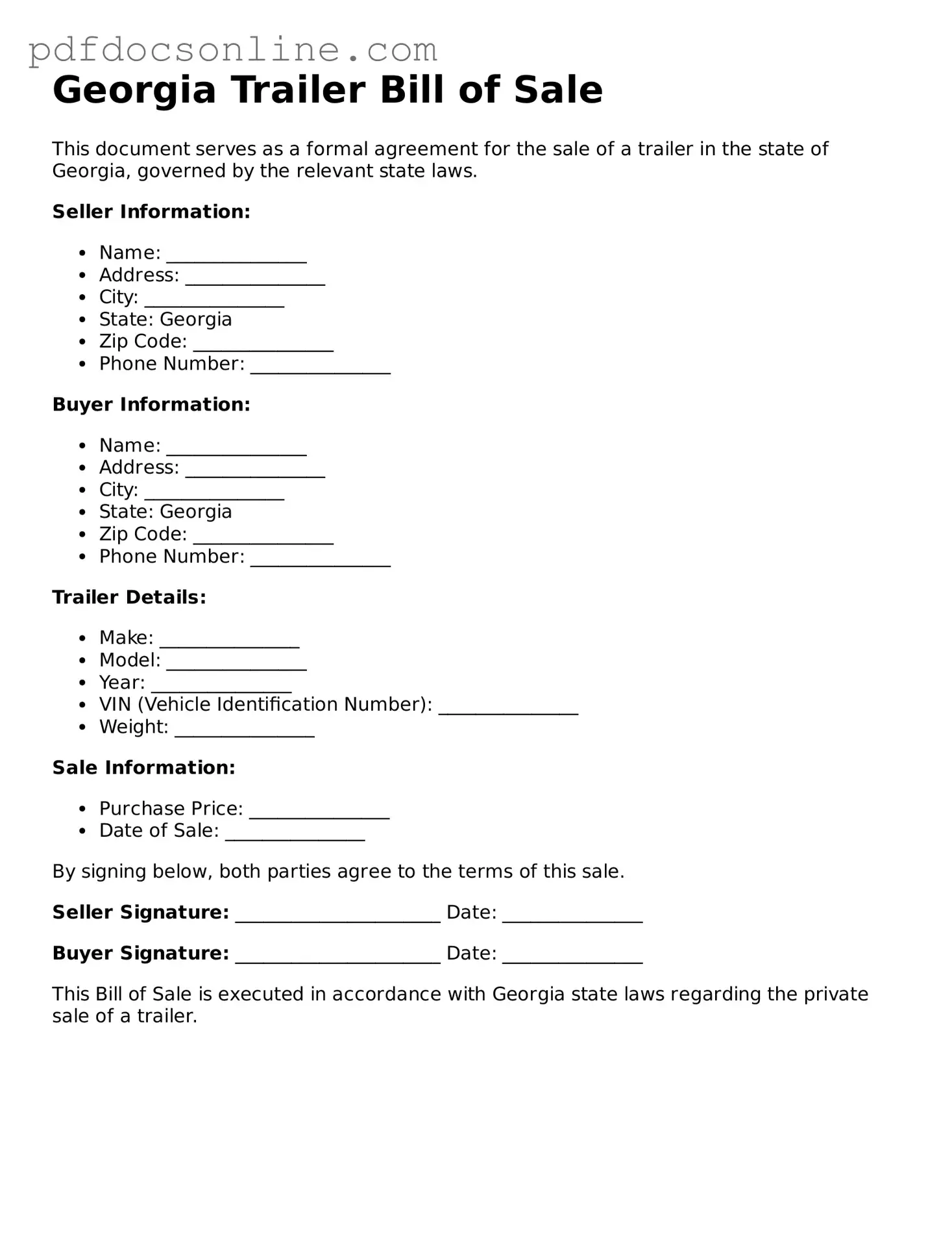 Attorney-Verified  Trailer Bill of Sale Form for Georgia