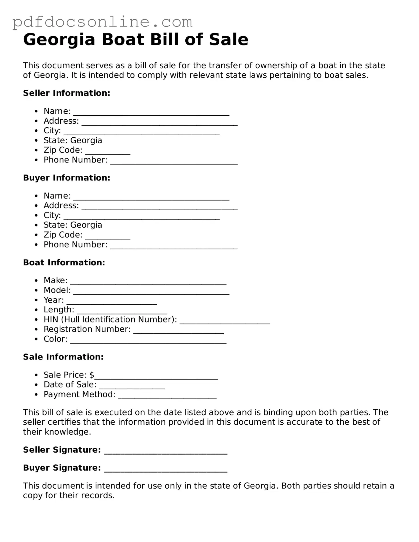 Attorney-Verified  Boat Bill of Sale Form for Georgia