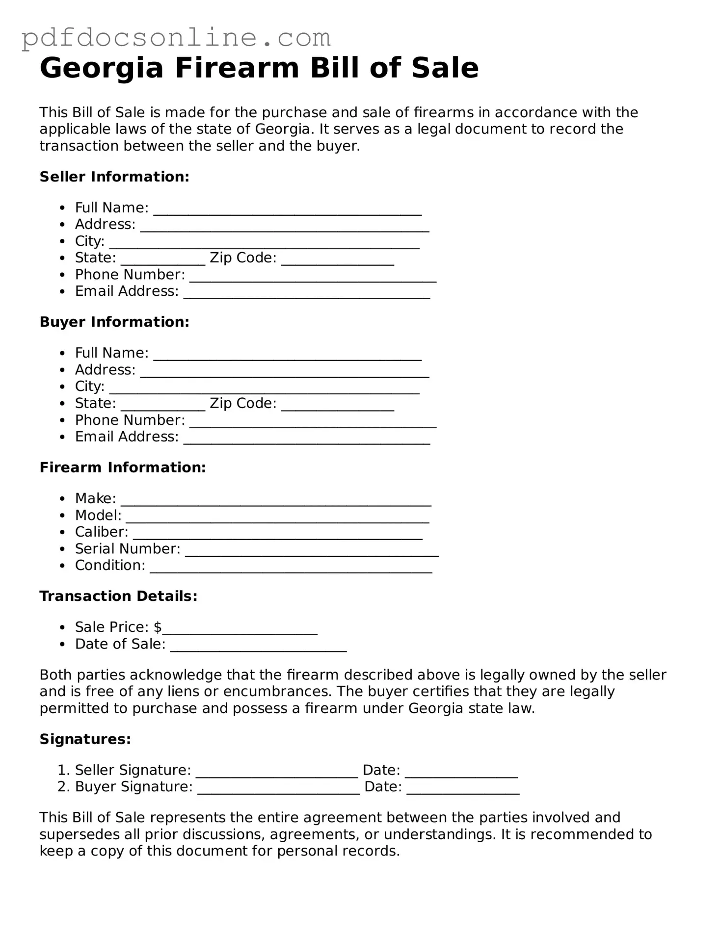 Attorney-Verified  Firearm Bill of Sale Form for Georgia