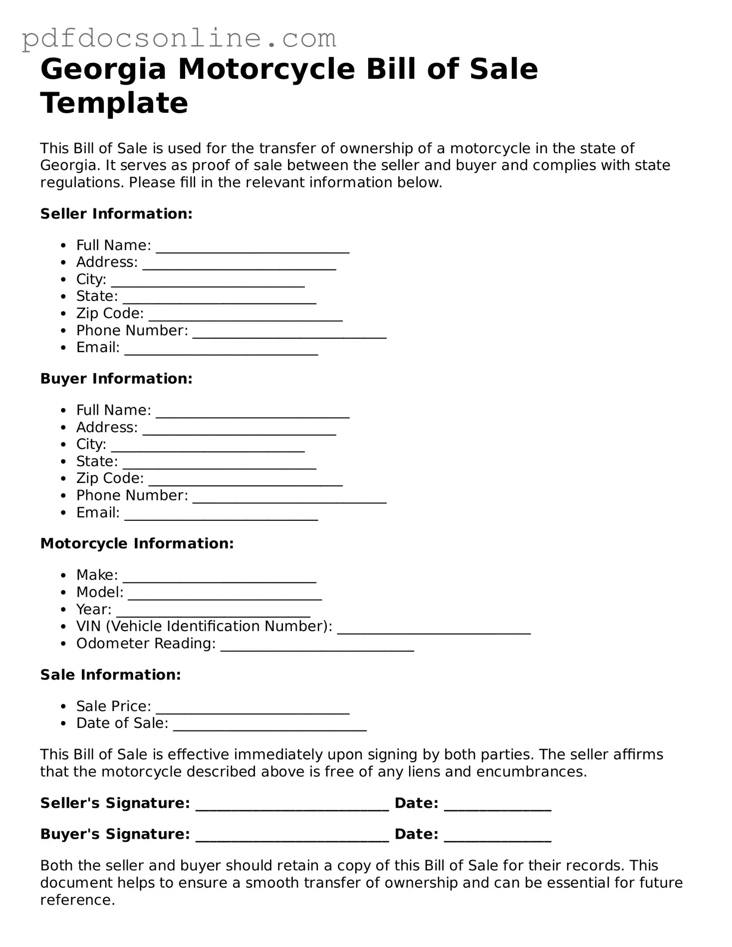 Attorney-Verified  Motorcycle Bill of Sale Form for Georgia