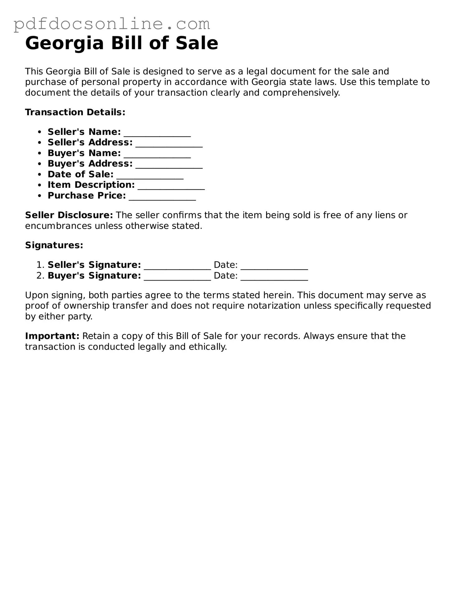 Attorney-Verified  Bill of Sale Form for Georgia