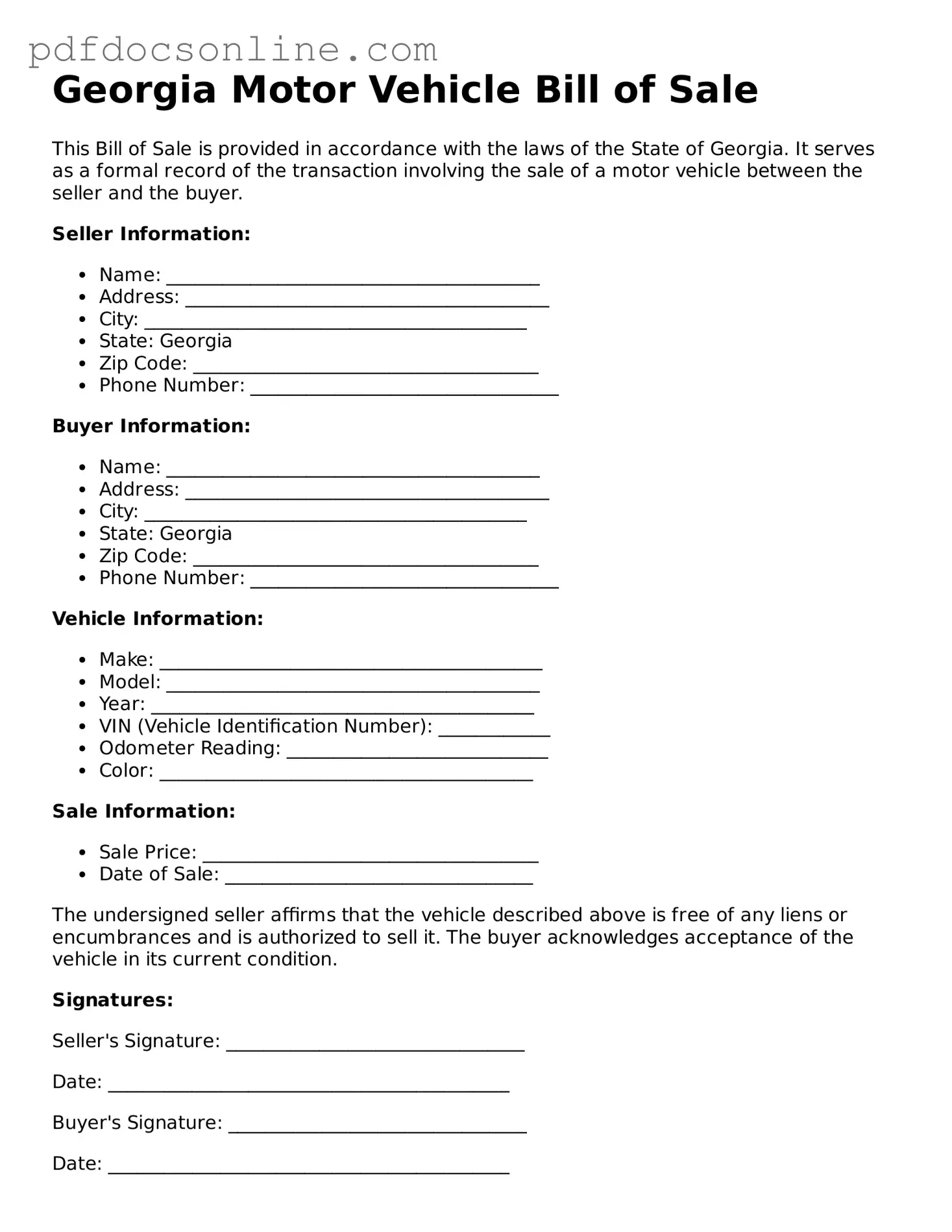 Attorney-Verified  Motor Vehicle Bill of Sale Form for Georgia