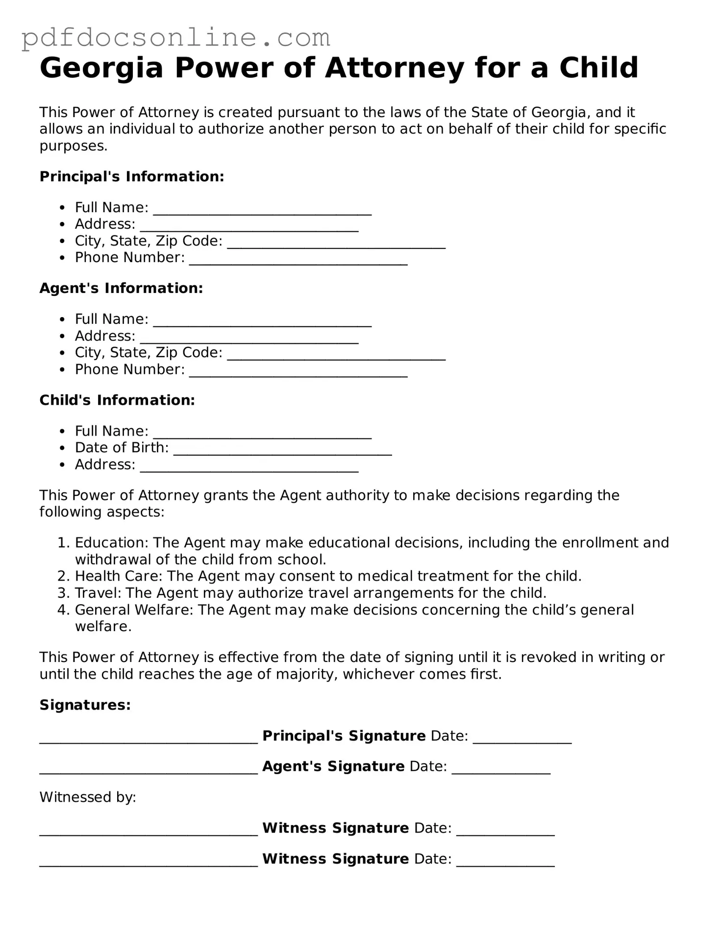 Attorney-Verified  Power of Attorney for a Child Form for Georgia