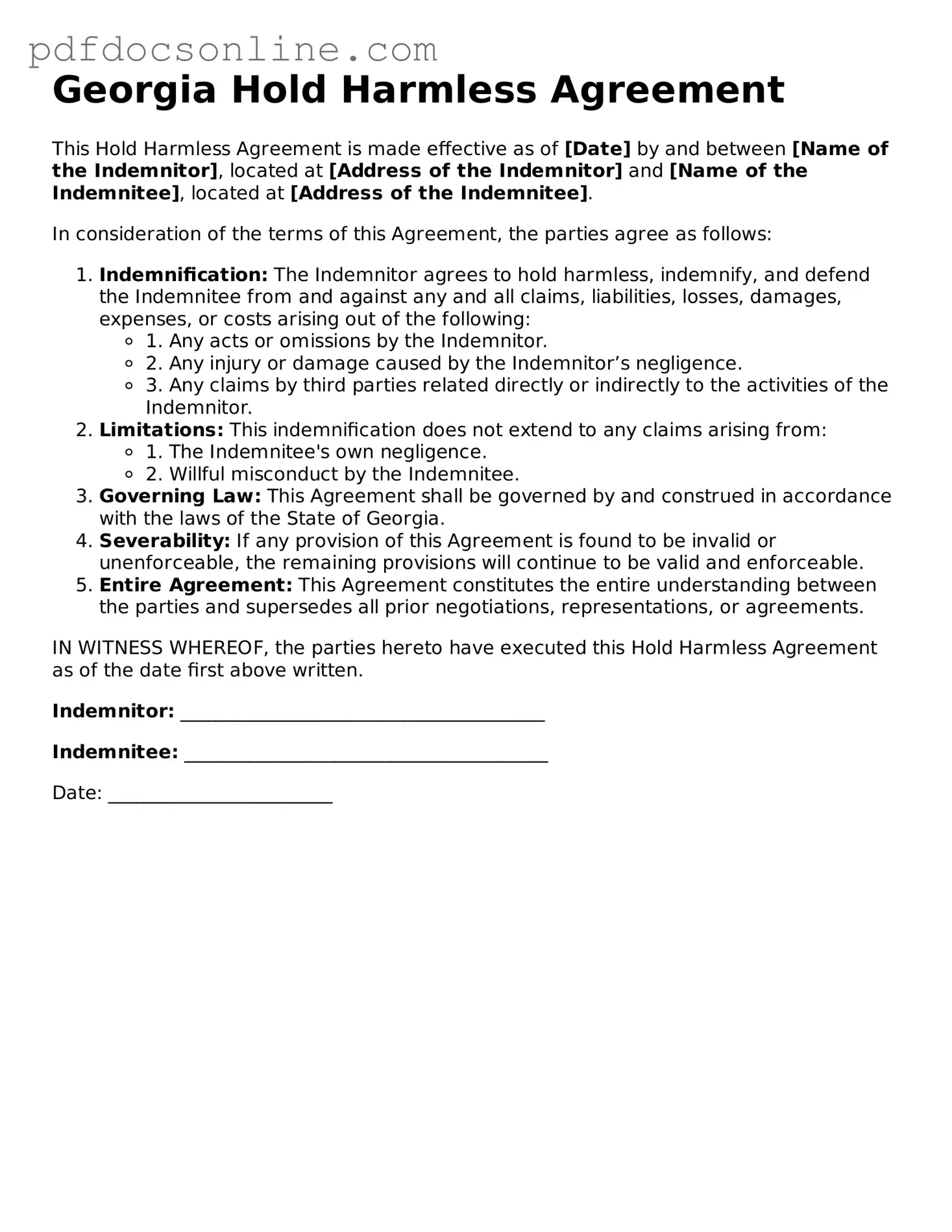 Attorney-Verified  Hold Harmless Agreement Form for Georgia