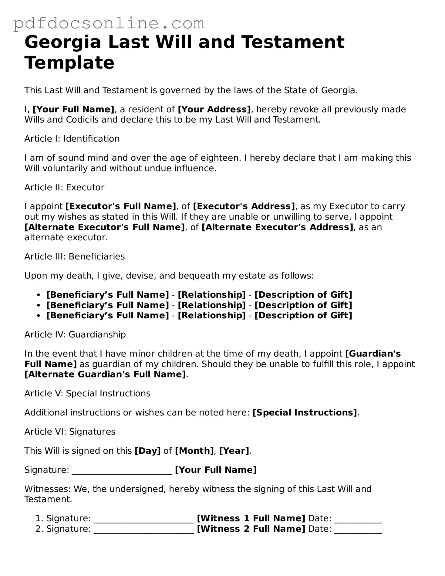 Attorney-Verified  Last Will and Testament Form for Georgia