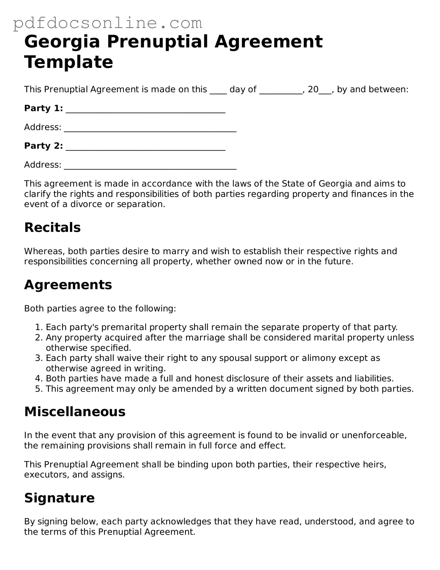 Attorney-Verified  Prenuptial Agreement Form for Georgia