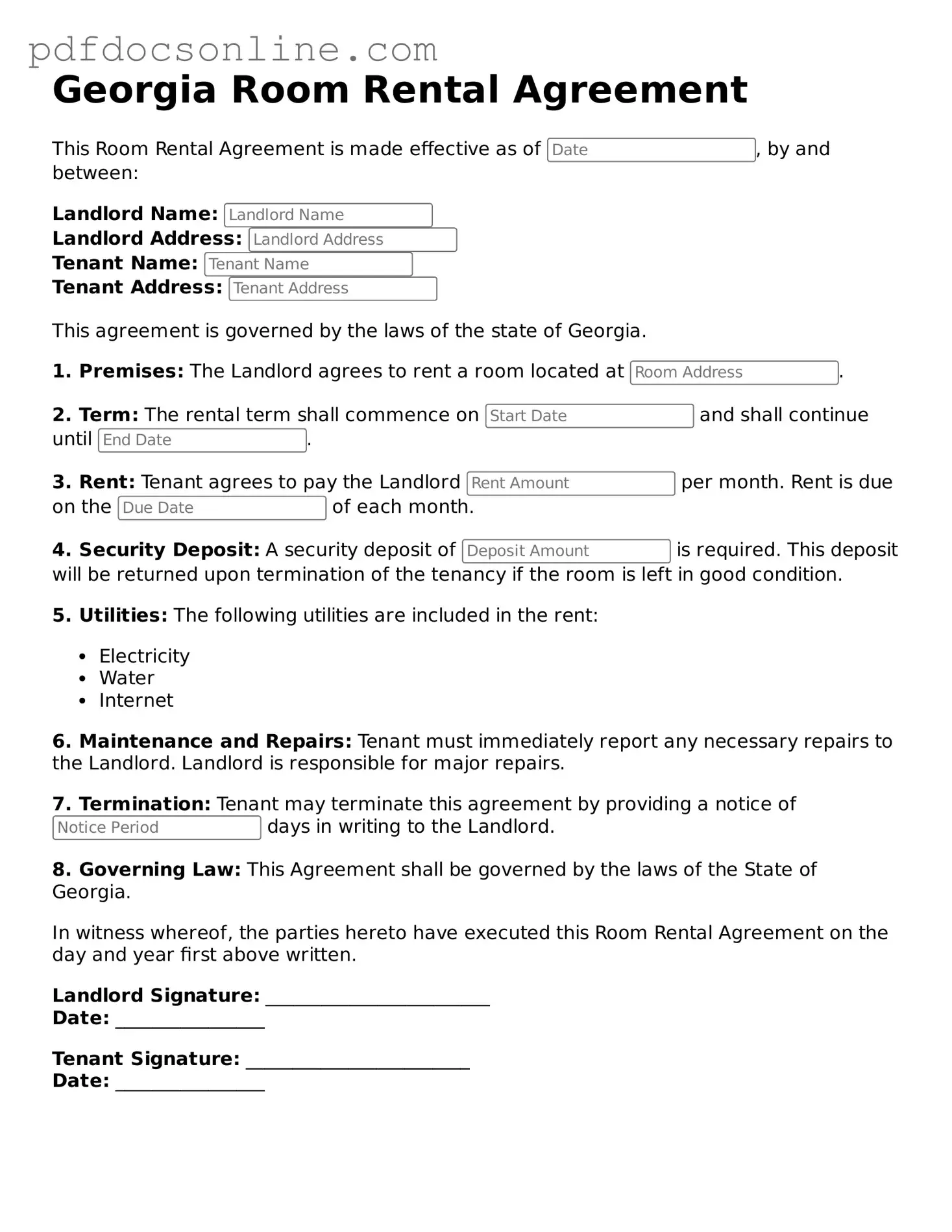 Attorney-Verified  Room Rental Agreement Form for Georgia