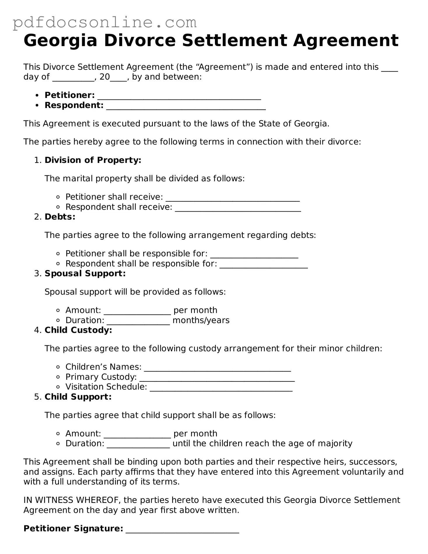 Attorney-Verified  Divorce Settlement Agreement Form for Georgia