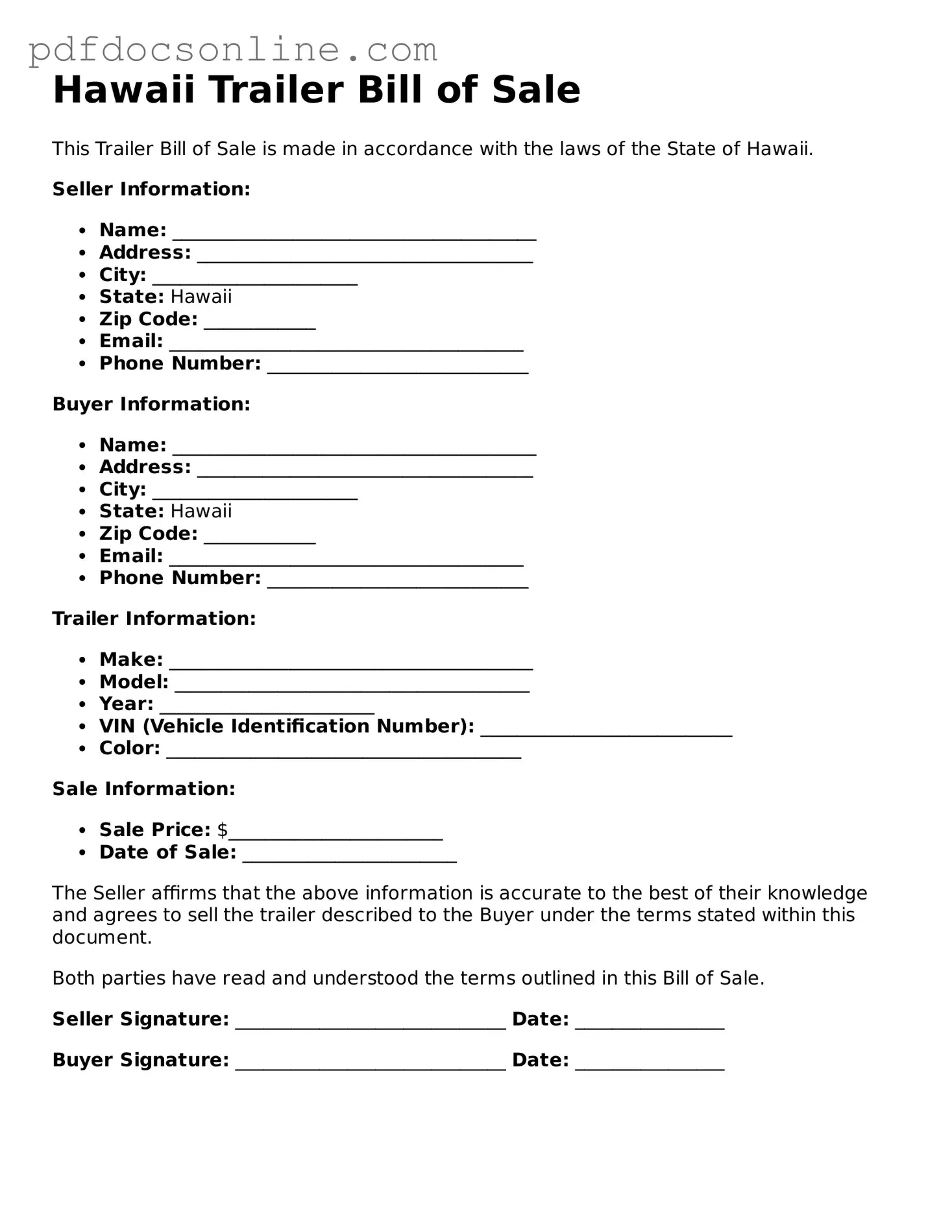 Attorney-Verified  Trailer Bill of Sale Form for Hawaii