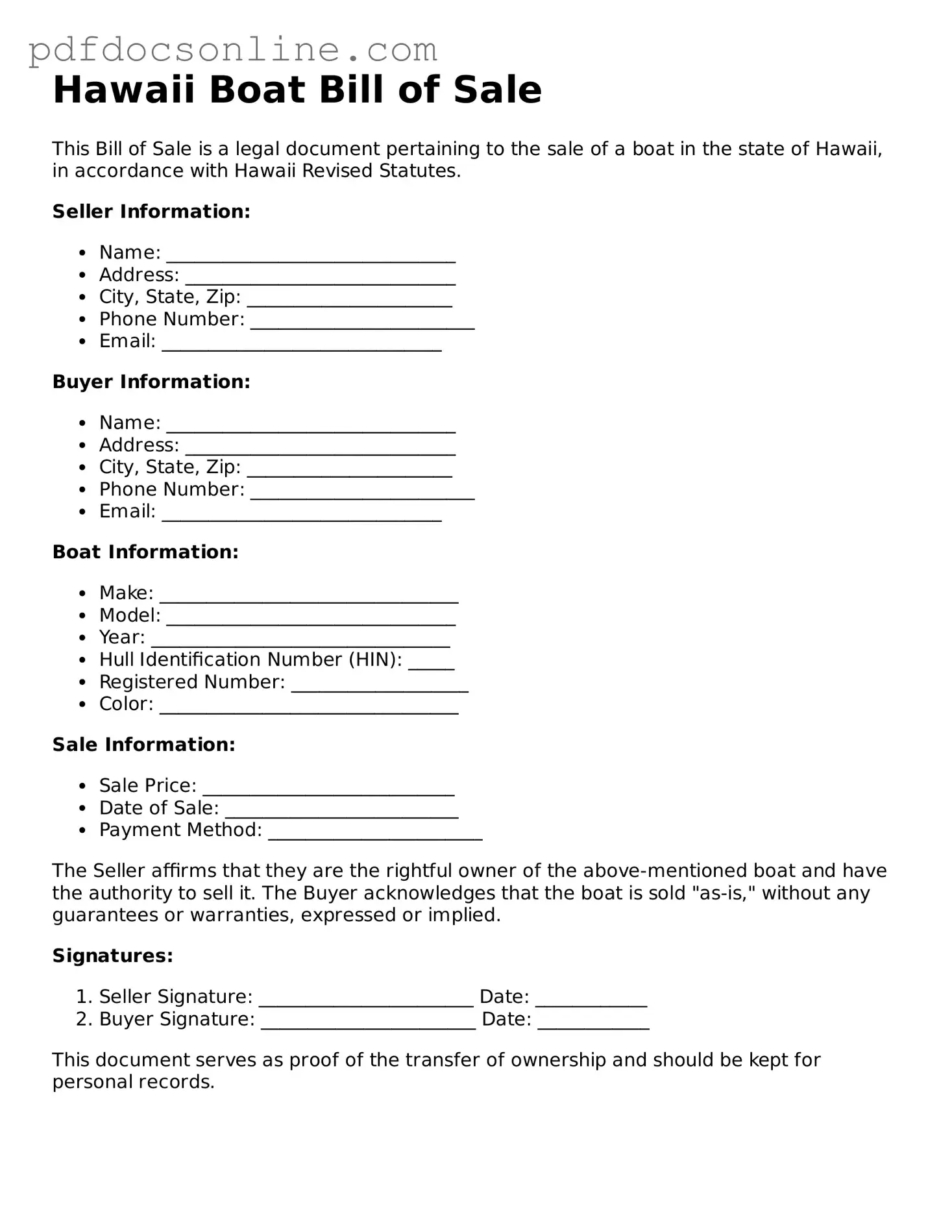 Attorney-Verified  Boat Bill of Sale Form for Hawaii