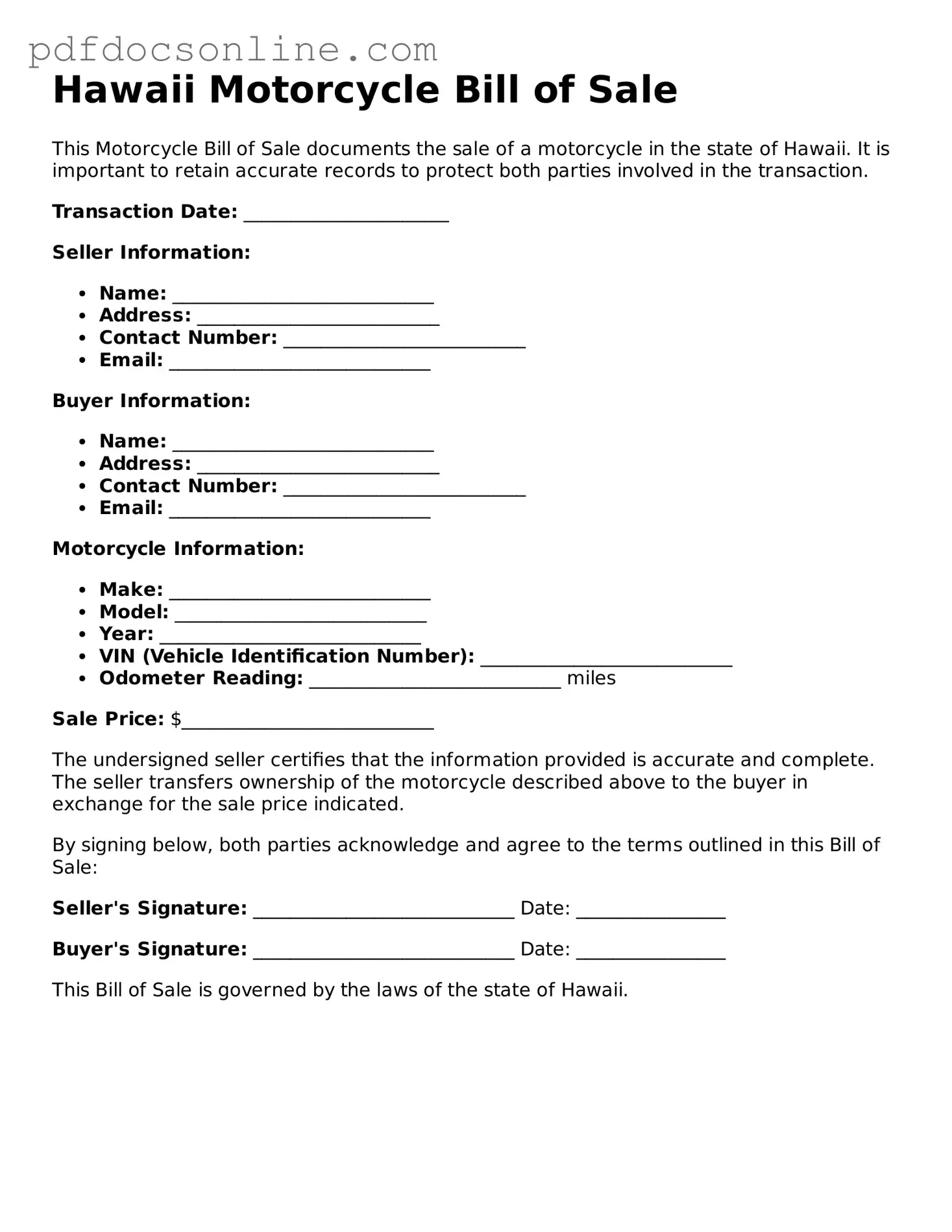 Attorney-Verified  Motorcycle Bill of Sale Form for Hawaii