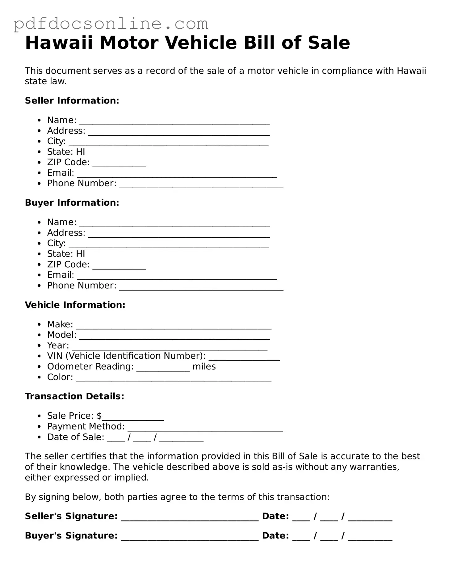 Attorney-Verified  Motor Vehicle Bill of Sale Form for Hawaii