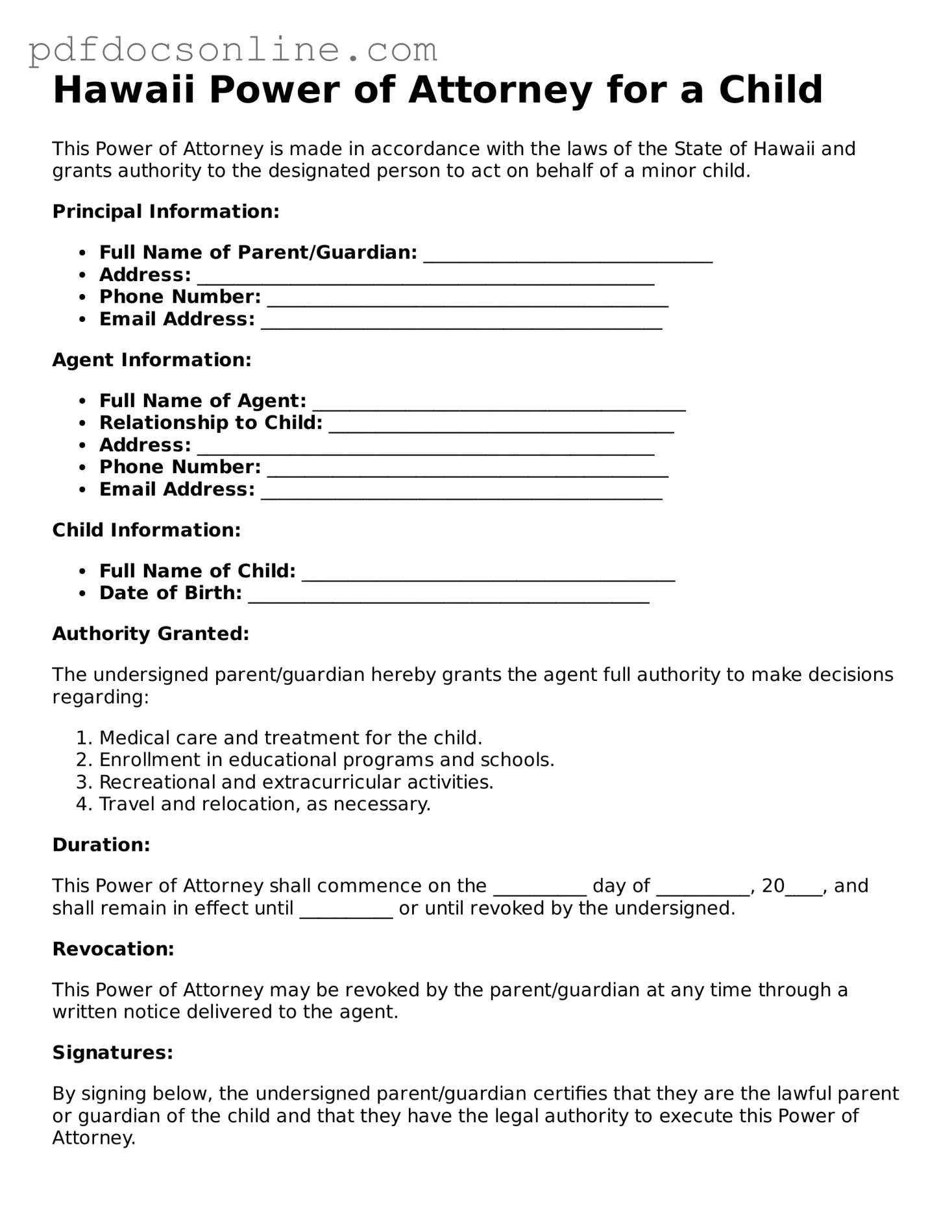 Attorney-Verified  Power of Attorney for a Child Form for Hawaii