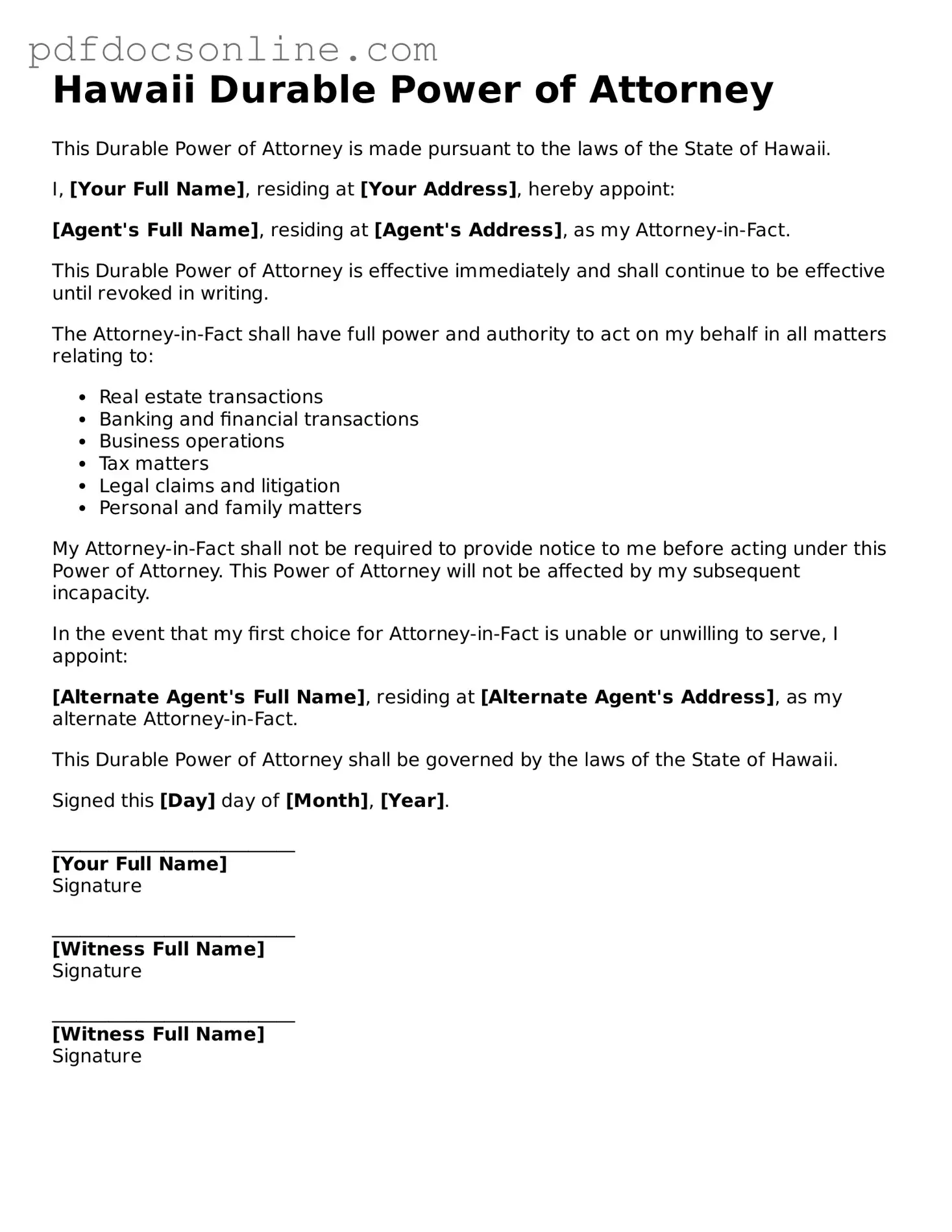 Attorney-Verified  Durable Power of Attorney Form for Hawaii