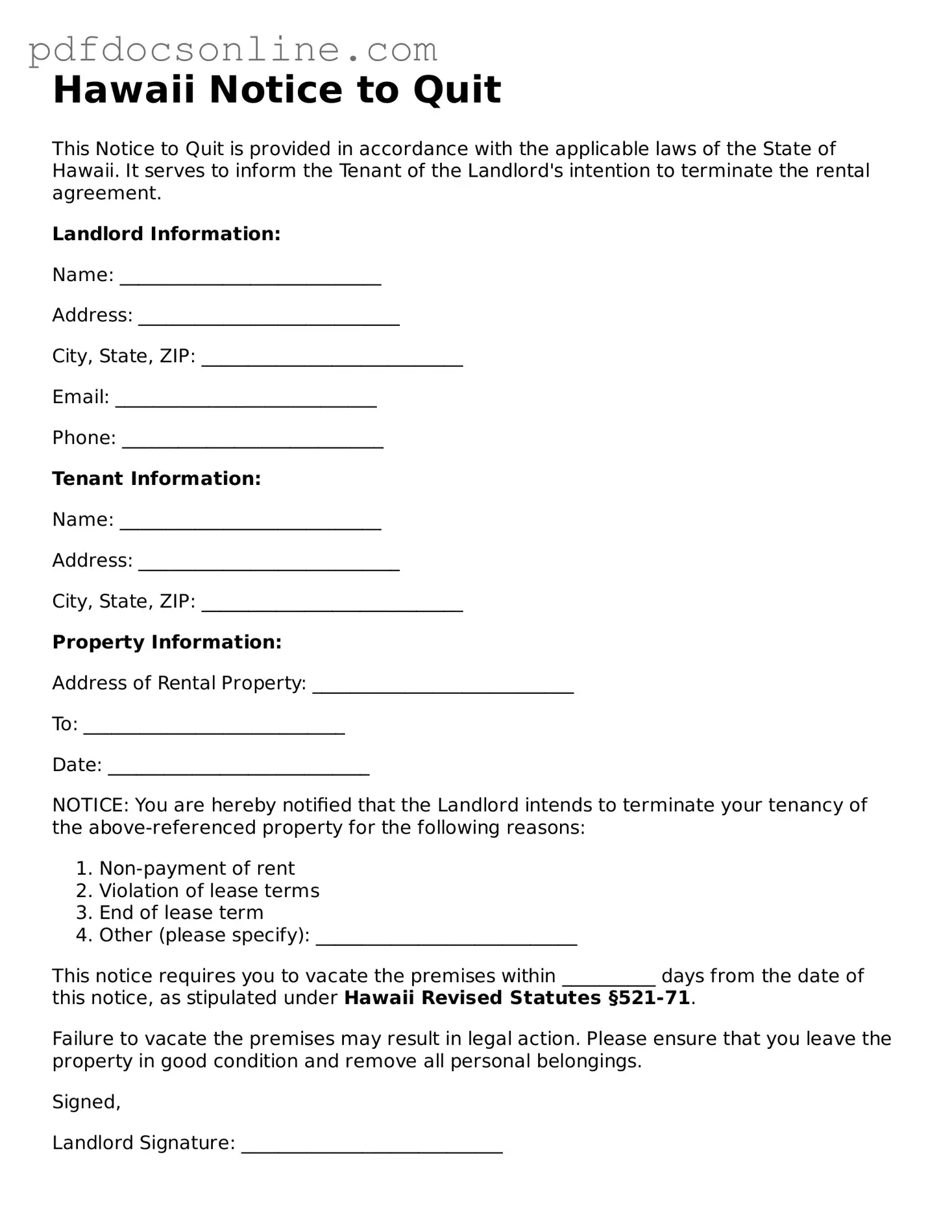 Attorney-Verified  Notice to Quit Form for Hawaii