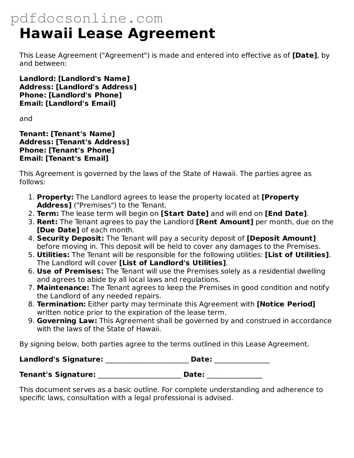 Attorney-Verified  Lease Agreement Form for Hawaii