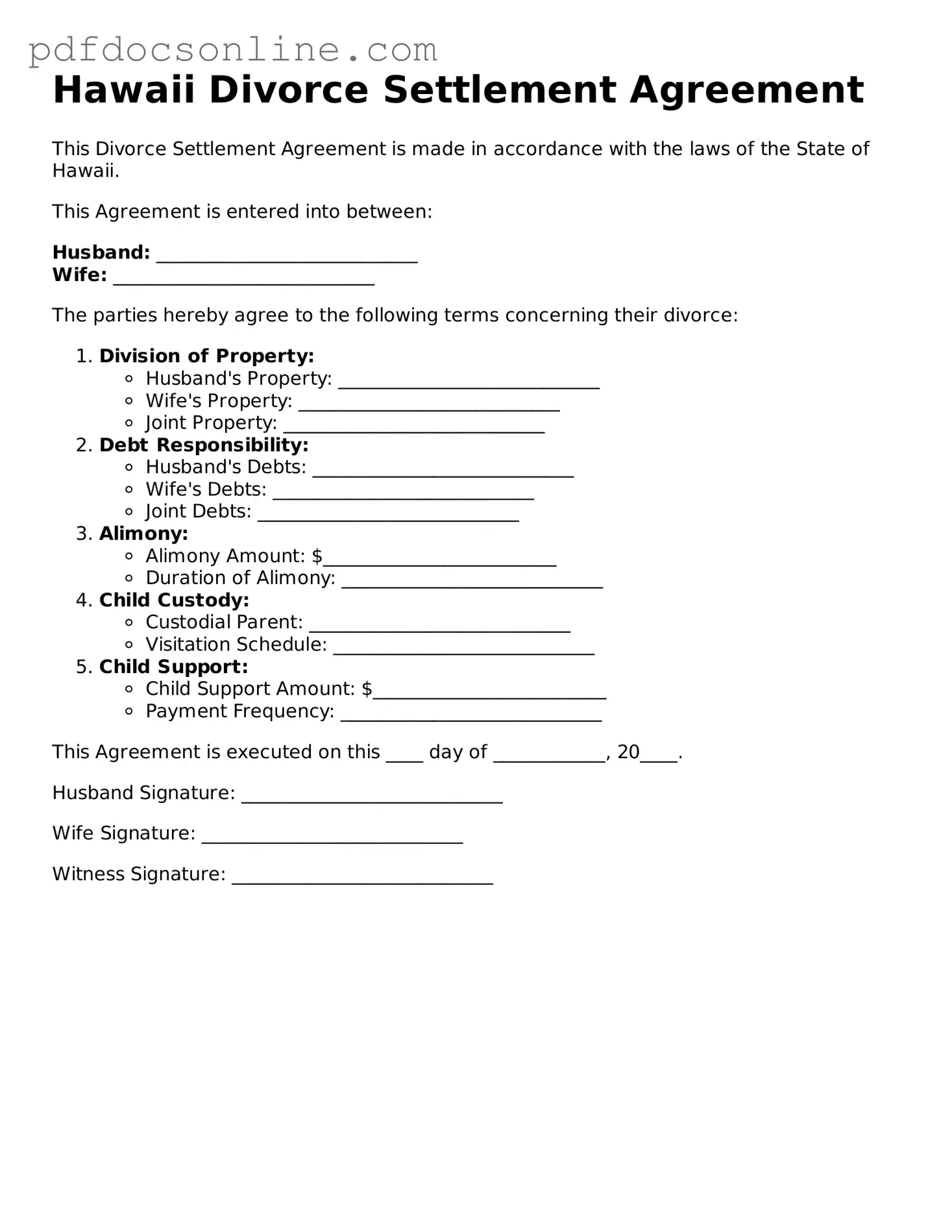 Attorney-Verified  Divorce Settlement Agreement Form for Hawaii