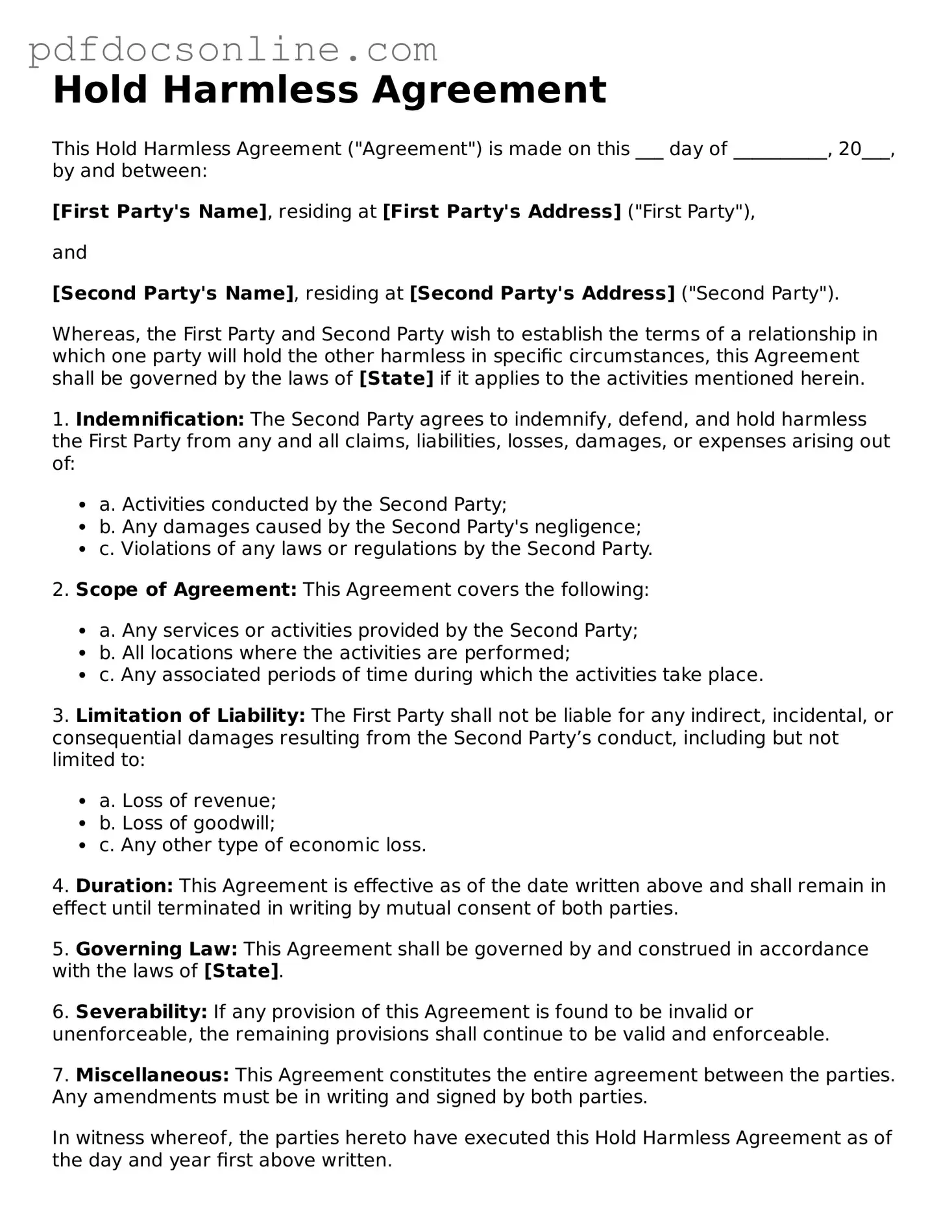 Free Hold Harmless Agreement Template