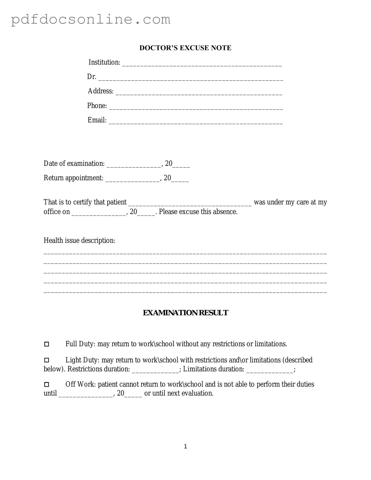 Fillable Doctors Excuse Note Form