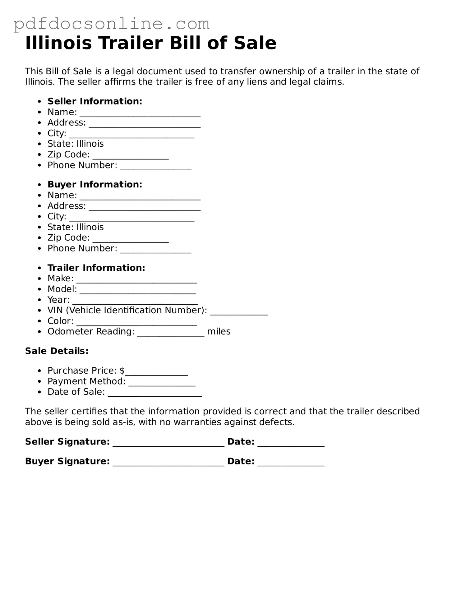 Attorney-Verified  Trailer Bill of Sale Form for Illinois