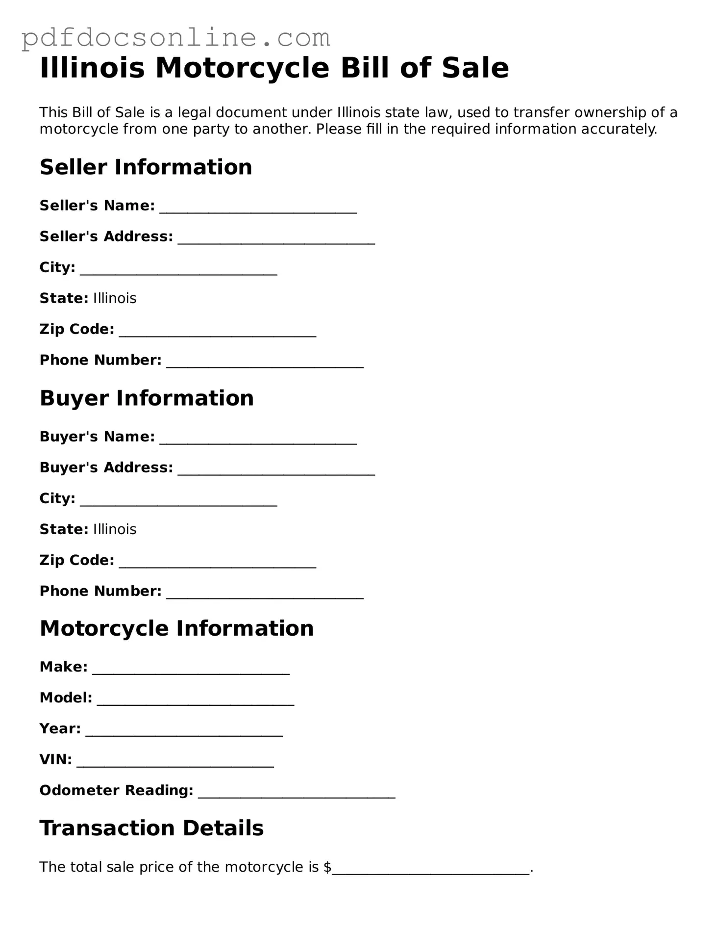 Attorney-Verified  Motorcycle Bill of Sale Form for Illinois