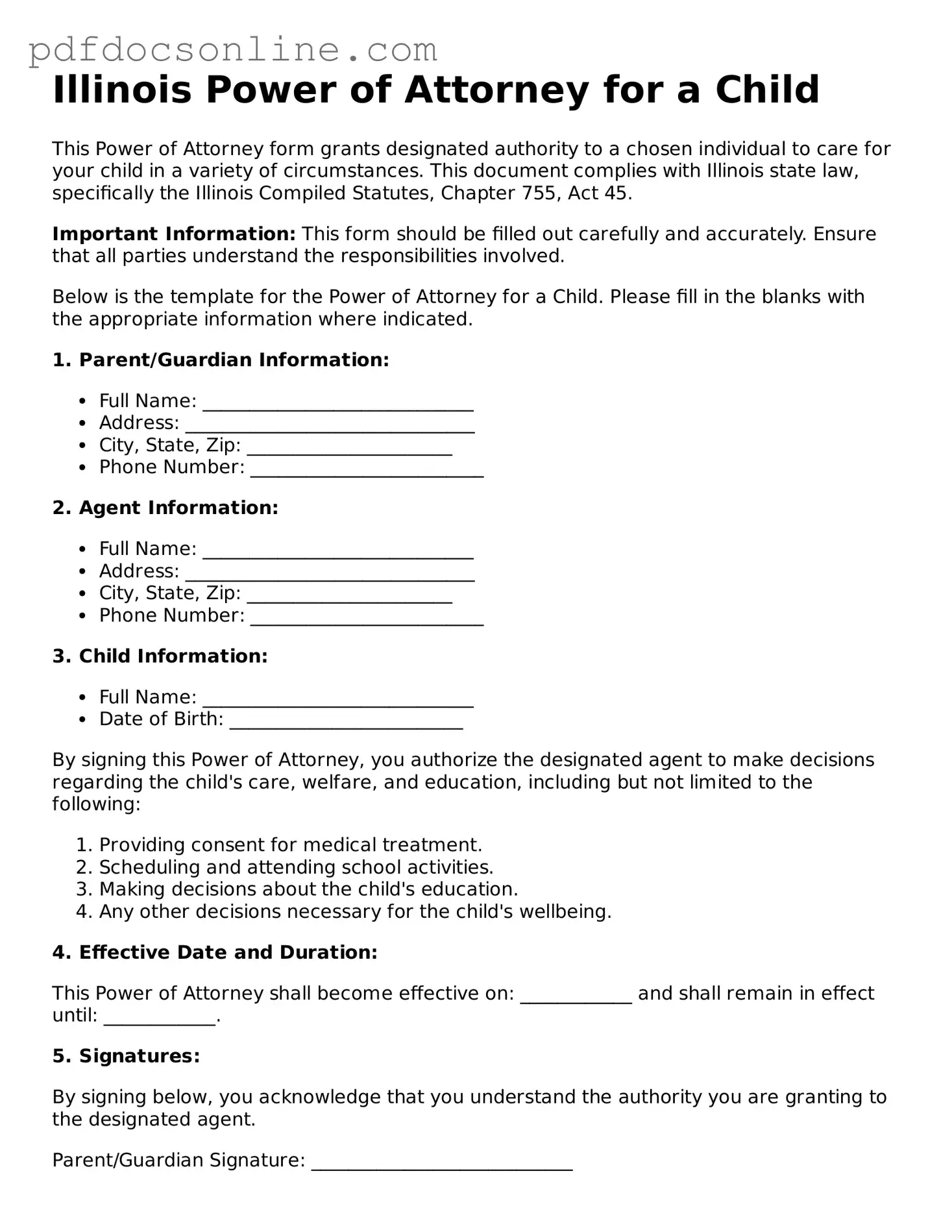 Attorney-Verified  Power of Attorney for a Child Form for Illinois