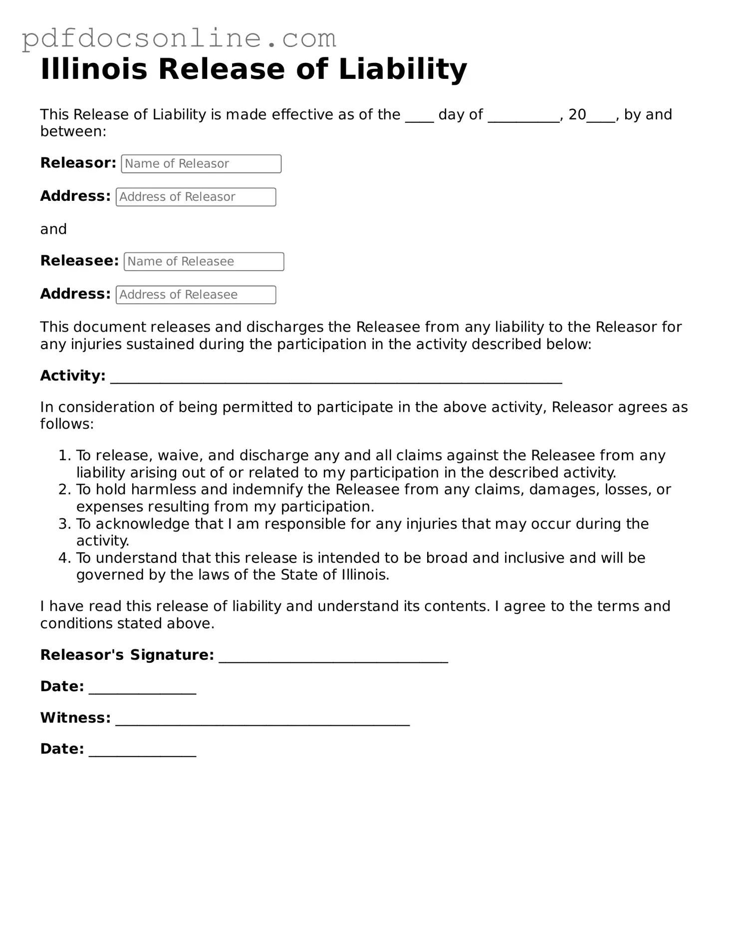 Attorney-Verified  Release of Liability Form for Illinois