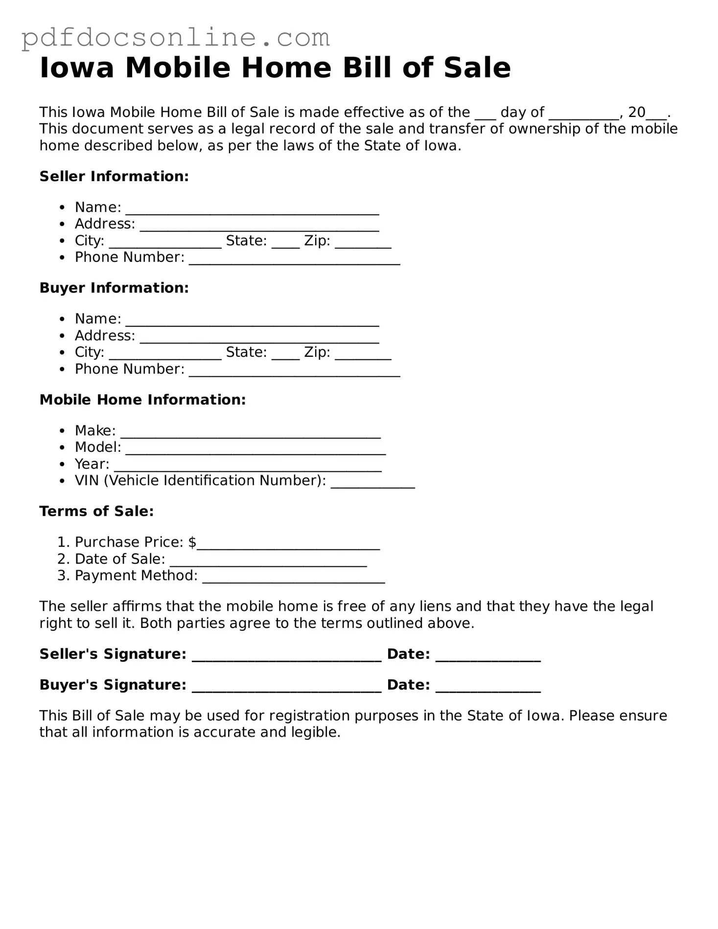 Attorney-Verified  Mobile Home Bill of Sale Form for Iowa
