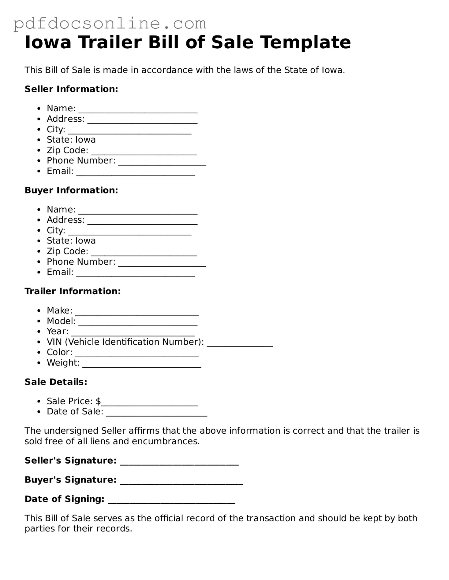 Attorney-Verified  Trailer Bill of Sale Form for Iowa