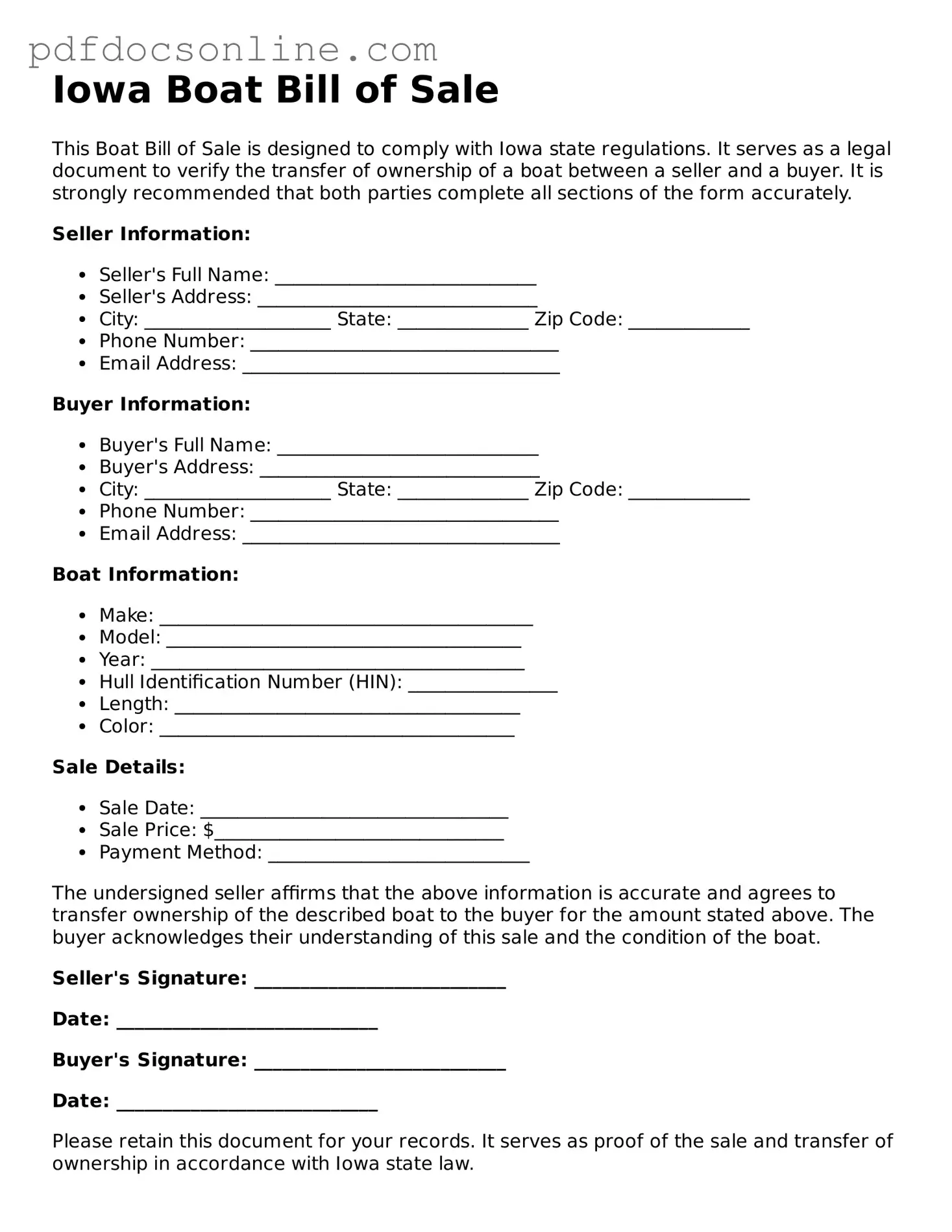 Attorney-Verified  Boat Bill of Sale Form for Iowa