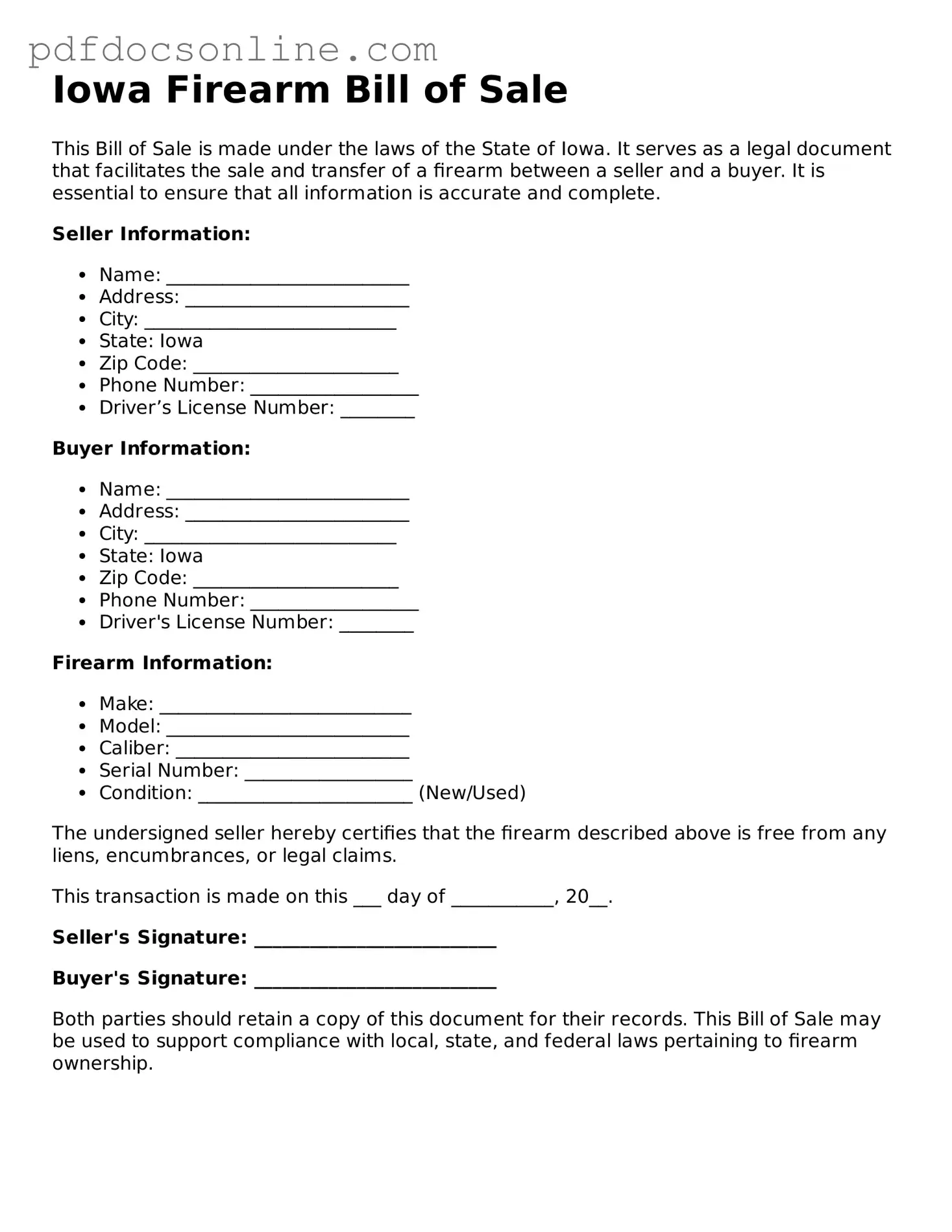 Attorney-Verified  Firearm Bill of Sale Form for Iowa