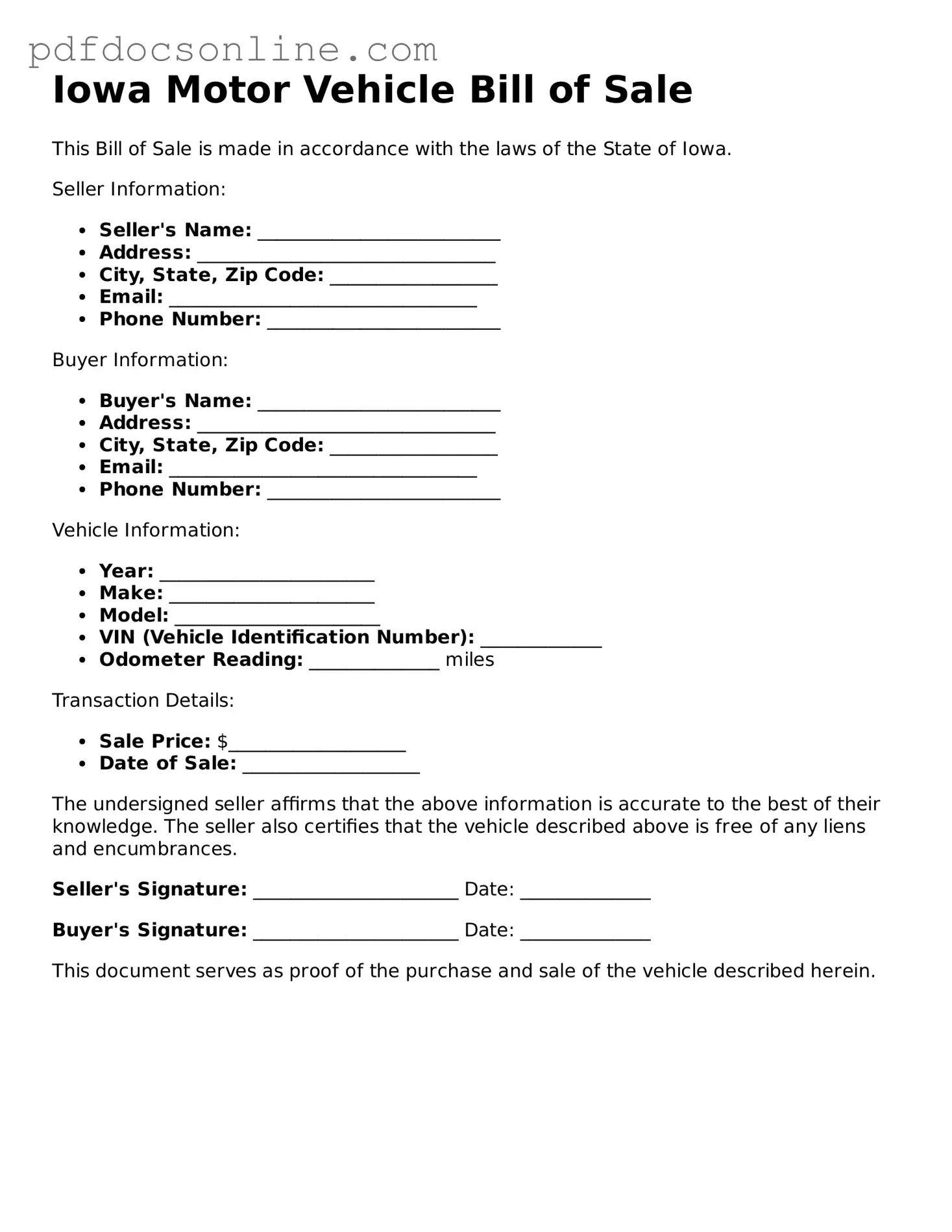 Attorney-Verified  Motor Vehicle Bill of Sale Form for Iowa