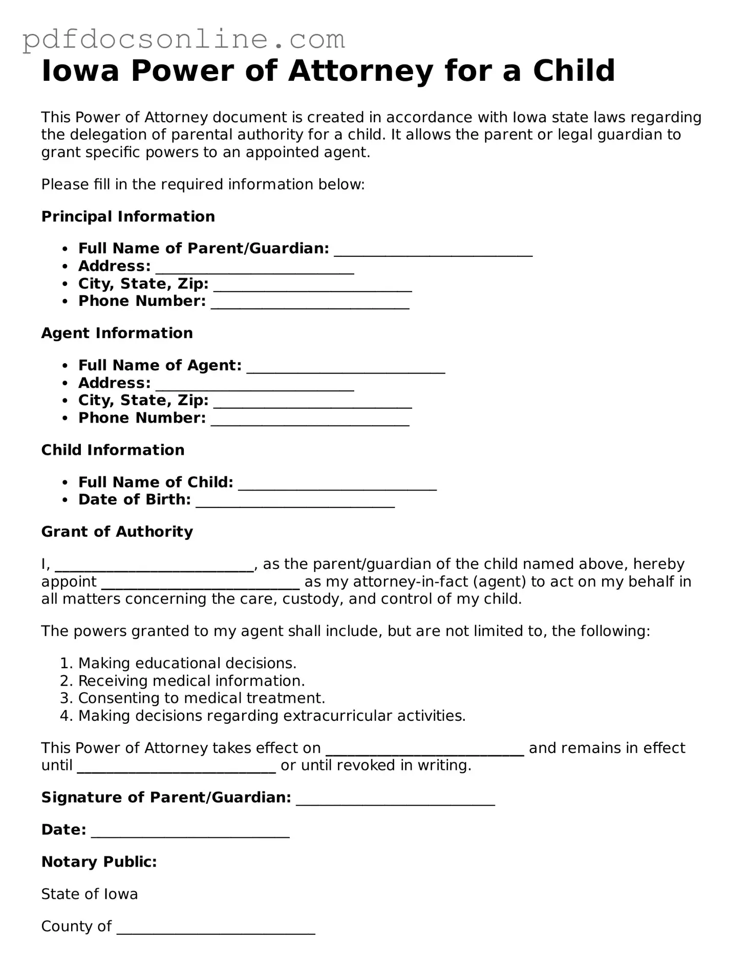 Attorney-Verified  Power of Attorney for a Child Form for Iowa
