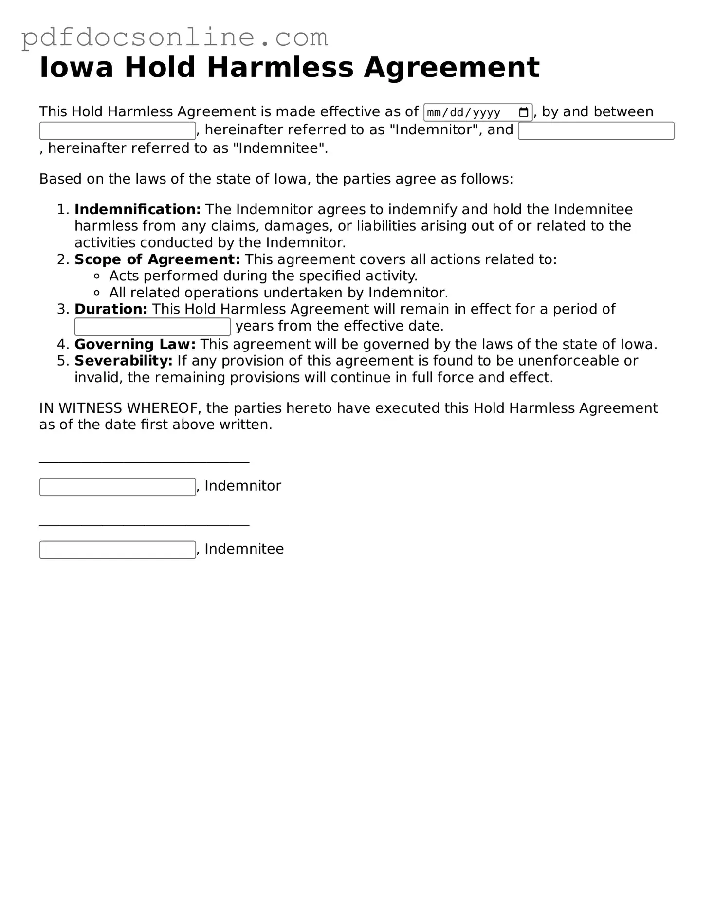 Attorney-Verified  Hold Harmless Agreement Form for Iowa
