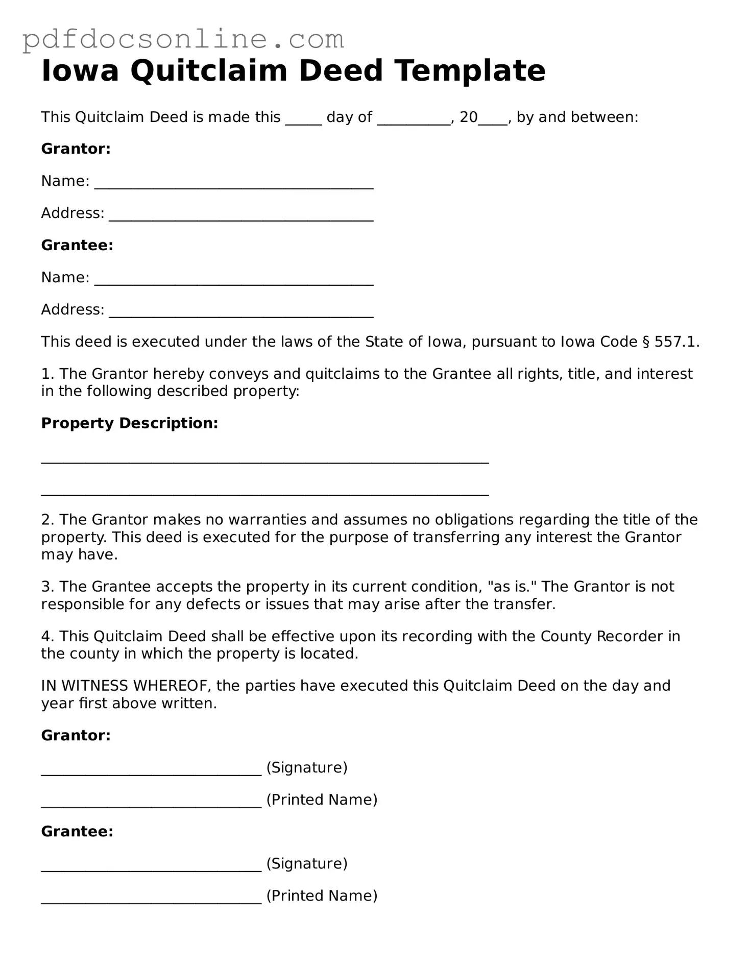 Attorney-Verified  Quitclaim Deed Form for Iowa