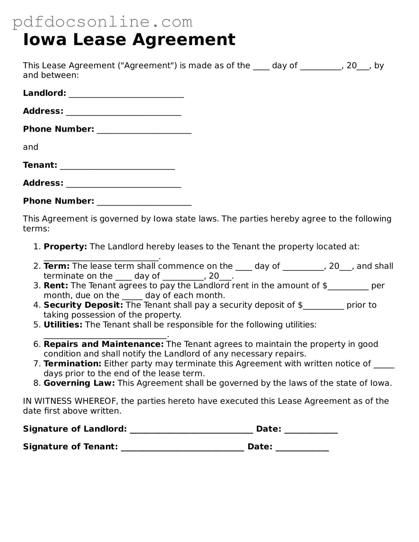 Attorney-Verified  Lease Agreement Form for Iowa