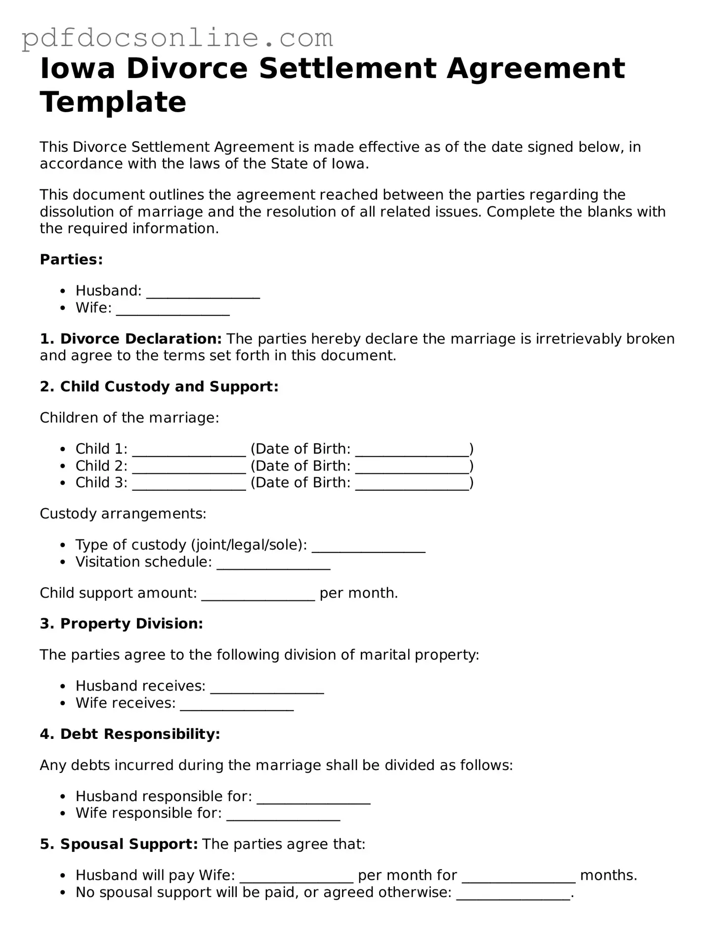 Attorney-Verified  Divorce Settlement Agreement Form for Iowa