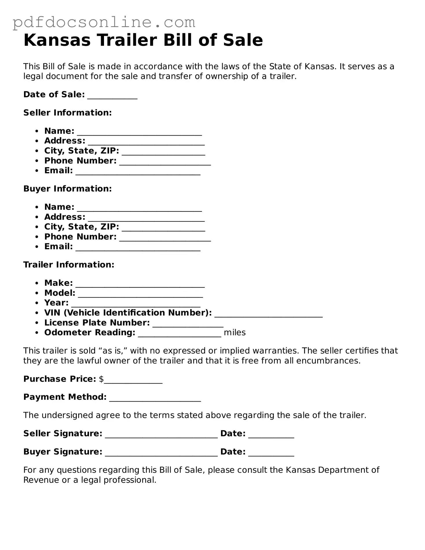 Attorney-Verified  Trailer Bill of Sale Form for Kansas