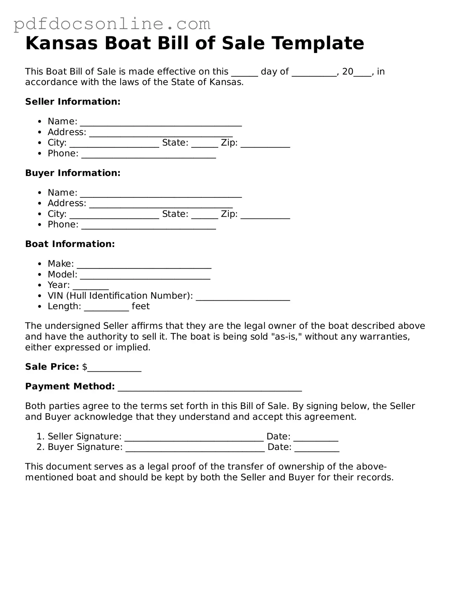 Attorney-Verified  Boat Bill of Sale Form for Kansas