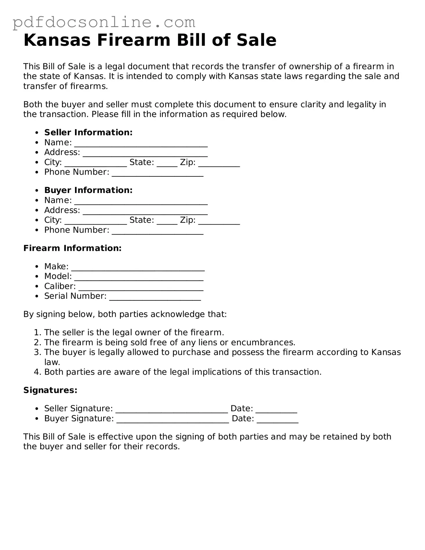 Attorney-Verified  Firearm Bill of Sale Form for Kansas