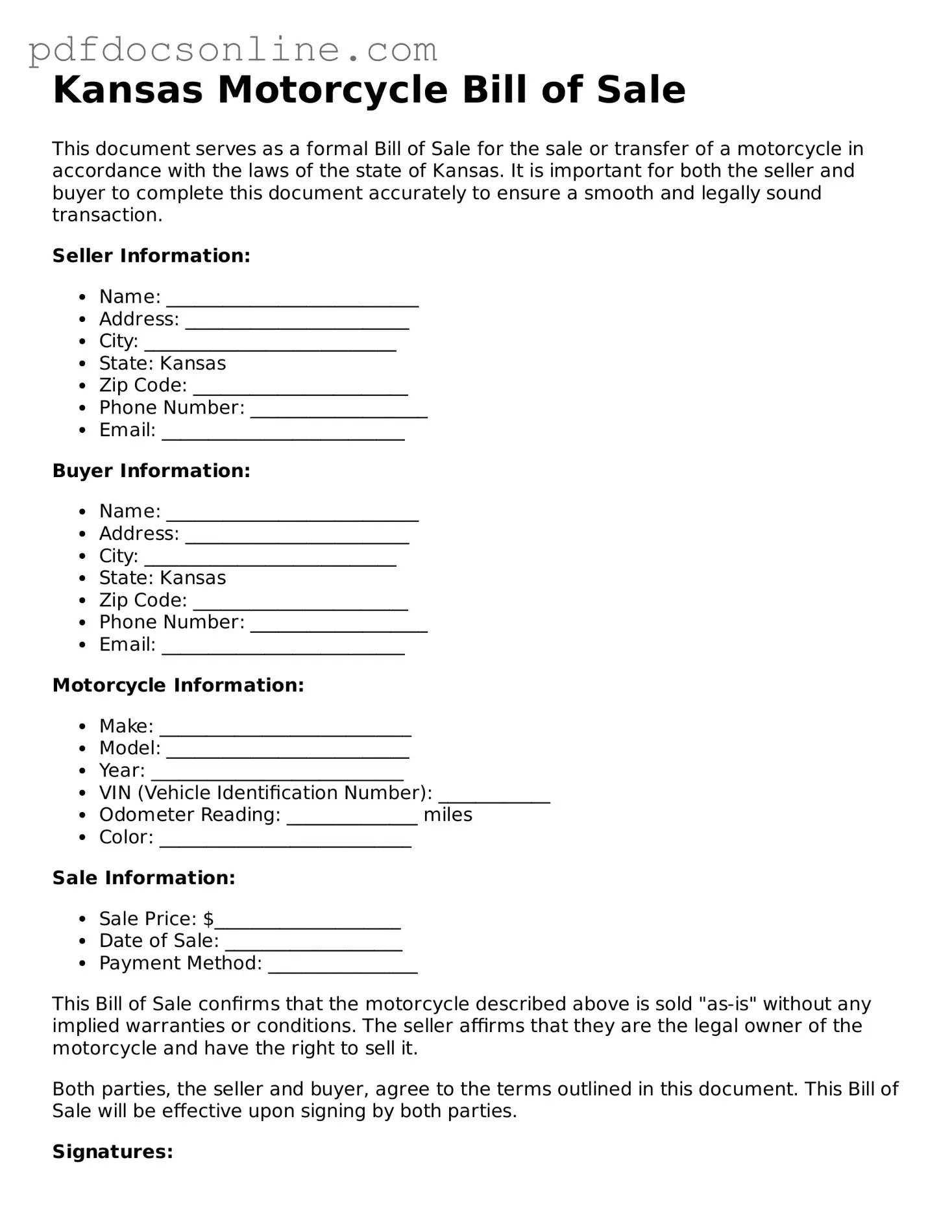 Attorney-Verified  Motorcycle Bill of Sale Form for Kansas