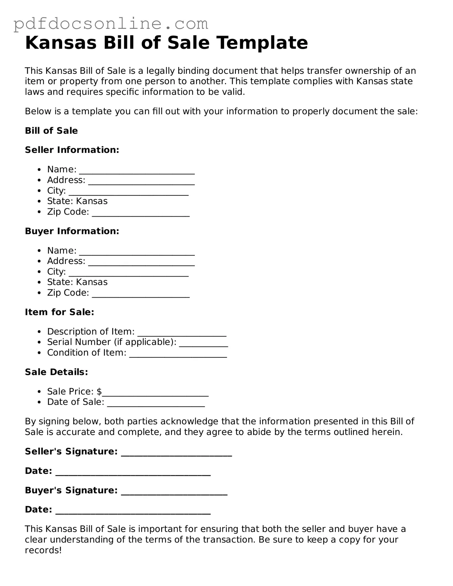 Attorney-Verified  Bill of Sale Form for Kansas