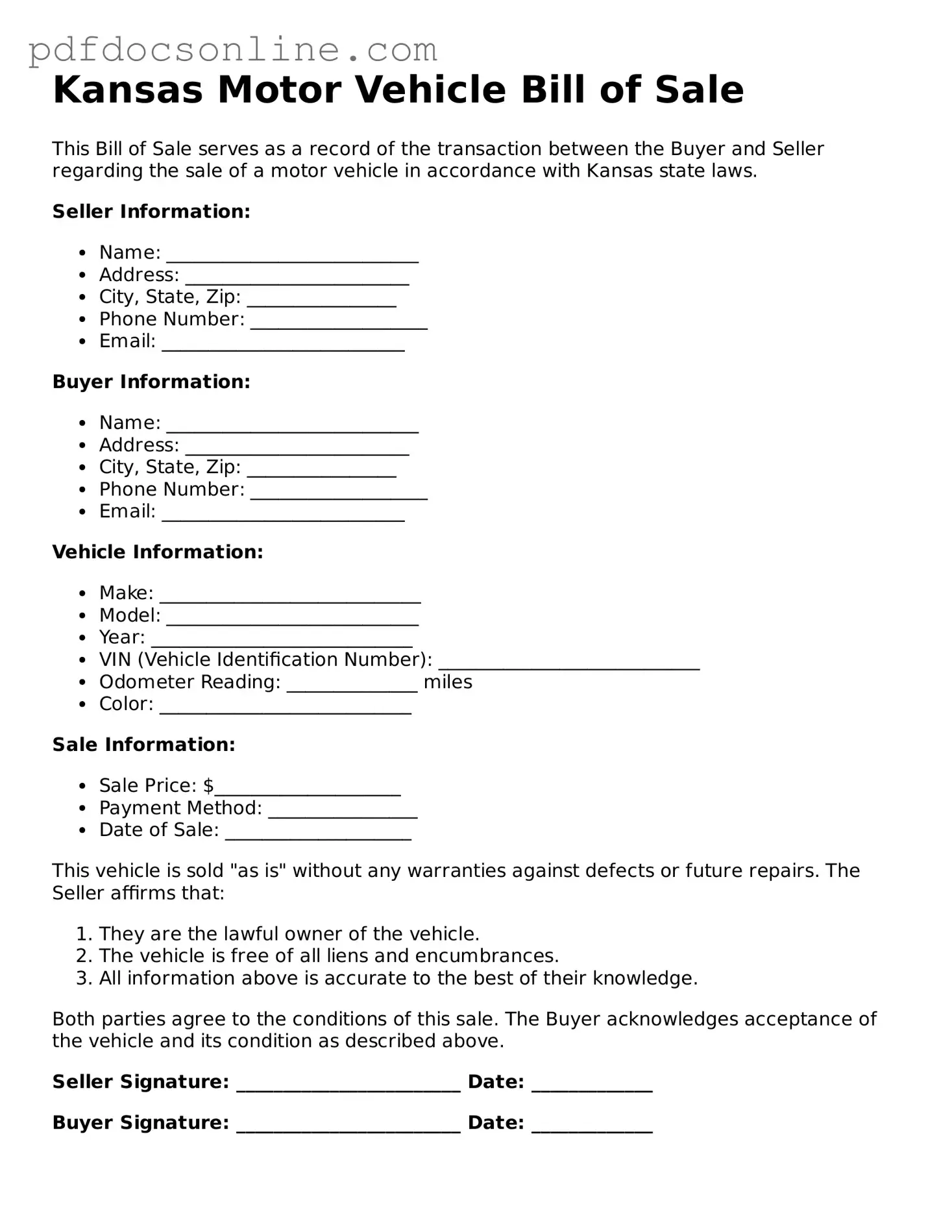 Attorney-Verified  Motor Vehicle Bill of Sale Form for Kansas
