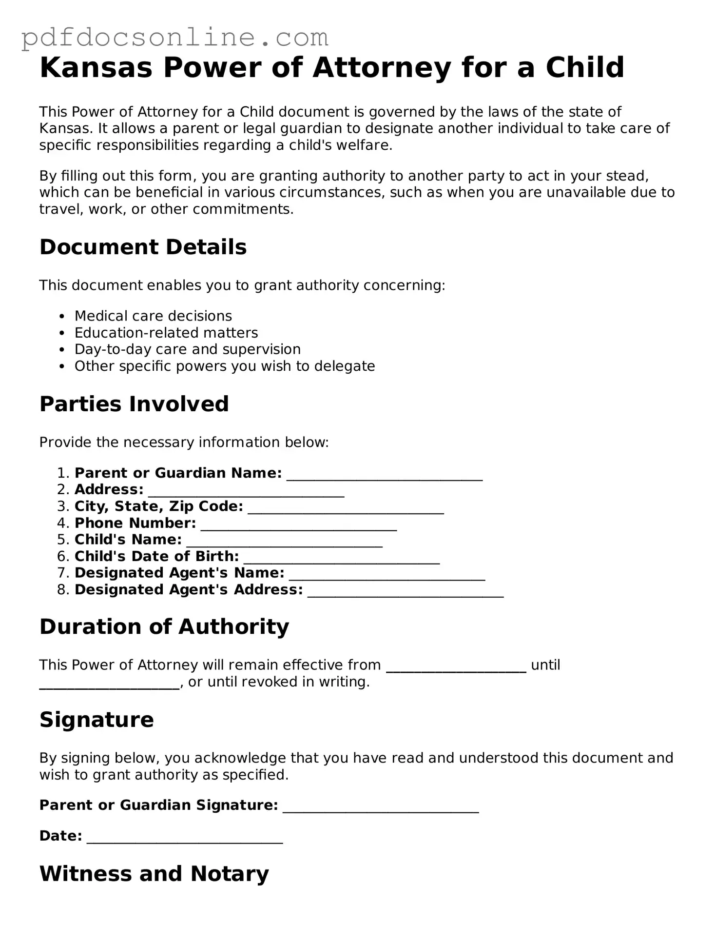 Attorney-Verified  Power of Attorney for a Child Form for Kansas