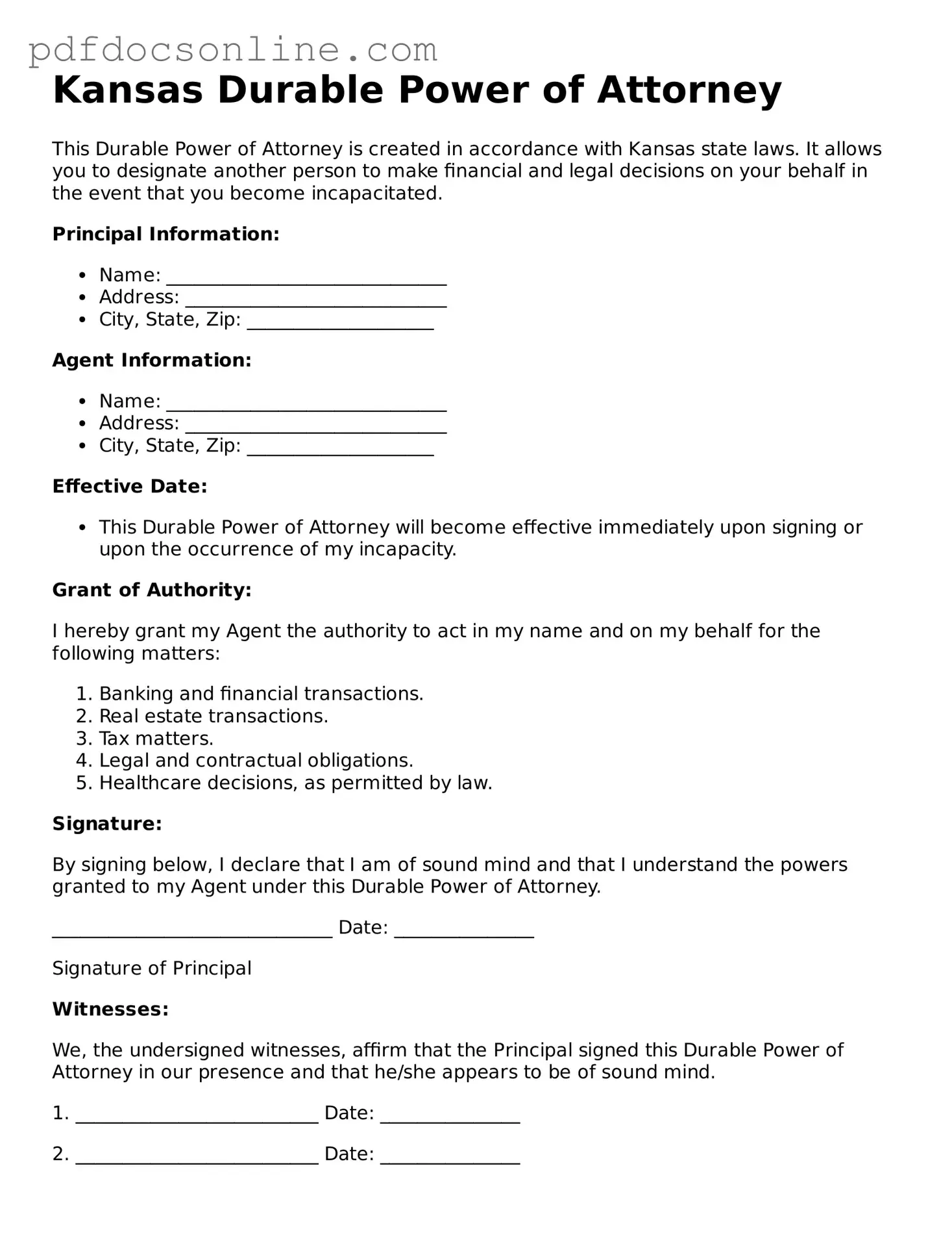 Attorney-Verified  Durable Power of Attorney Form for Kansas