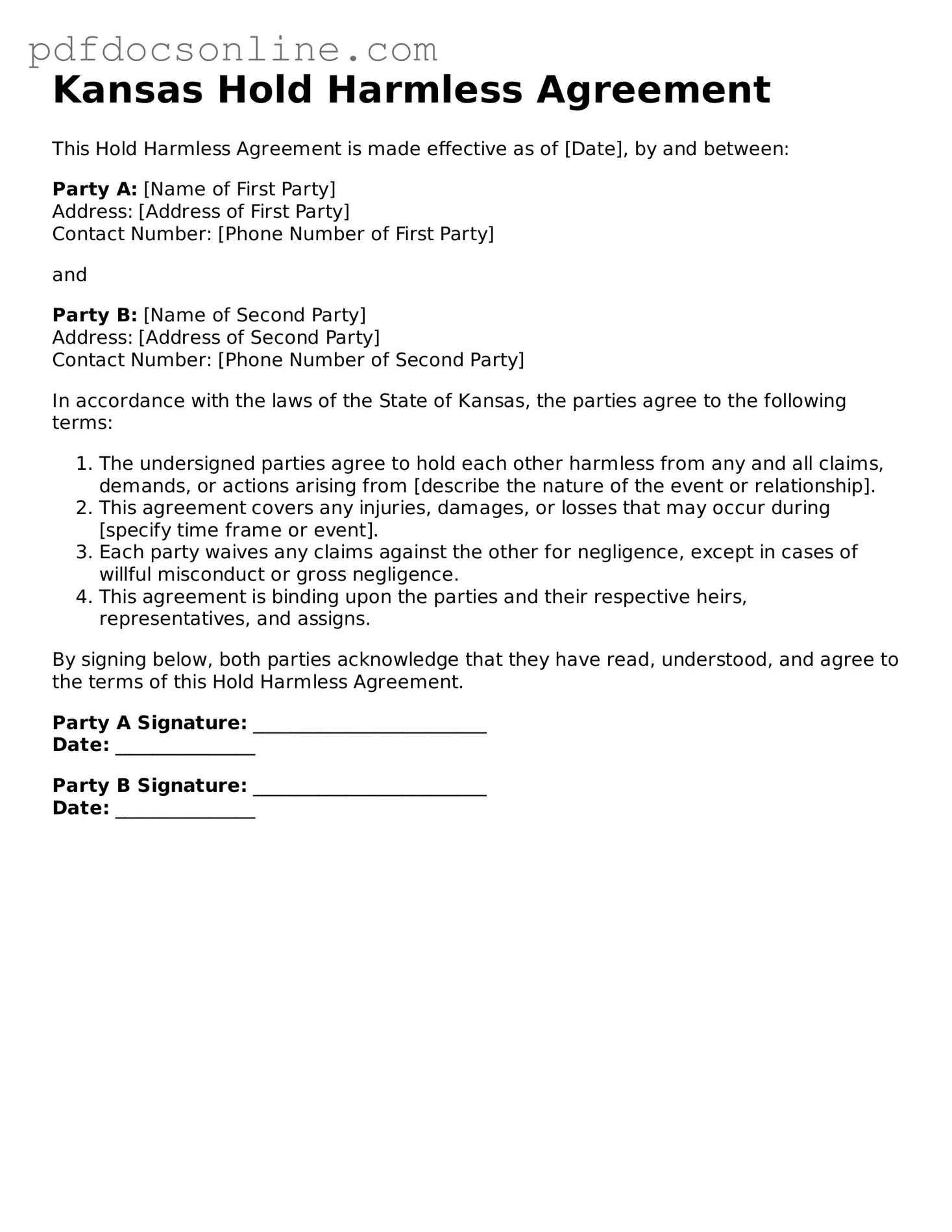 Attorney-Verified  Hold Harmless Agreement Form for Kansas