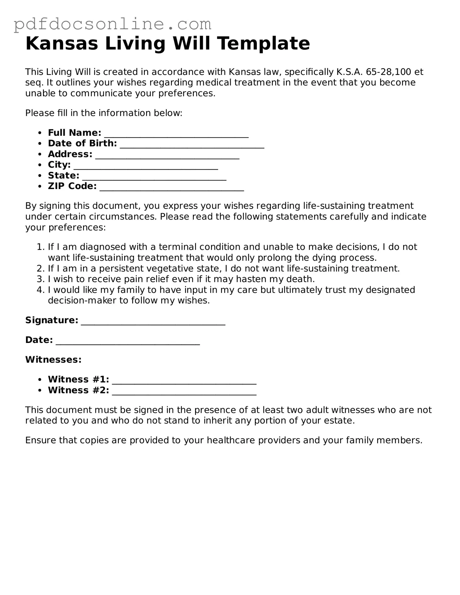 Attorney-Verified  Living Will Form for Kansas