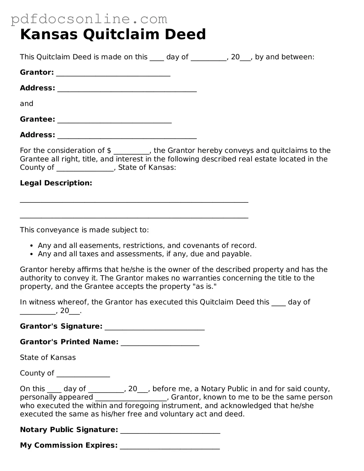 Attorney-Verified  Quitclaim Deed Form for Kansas