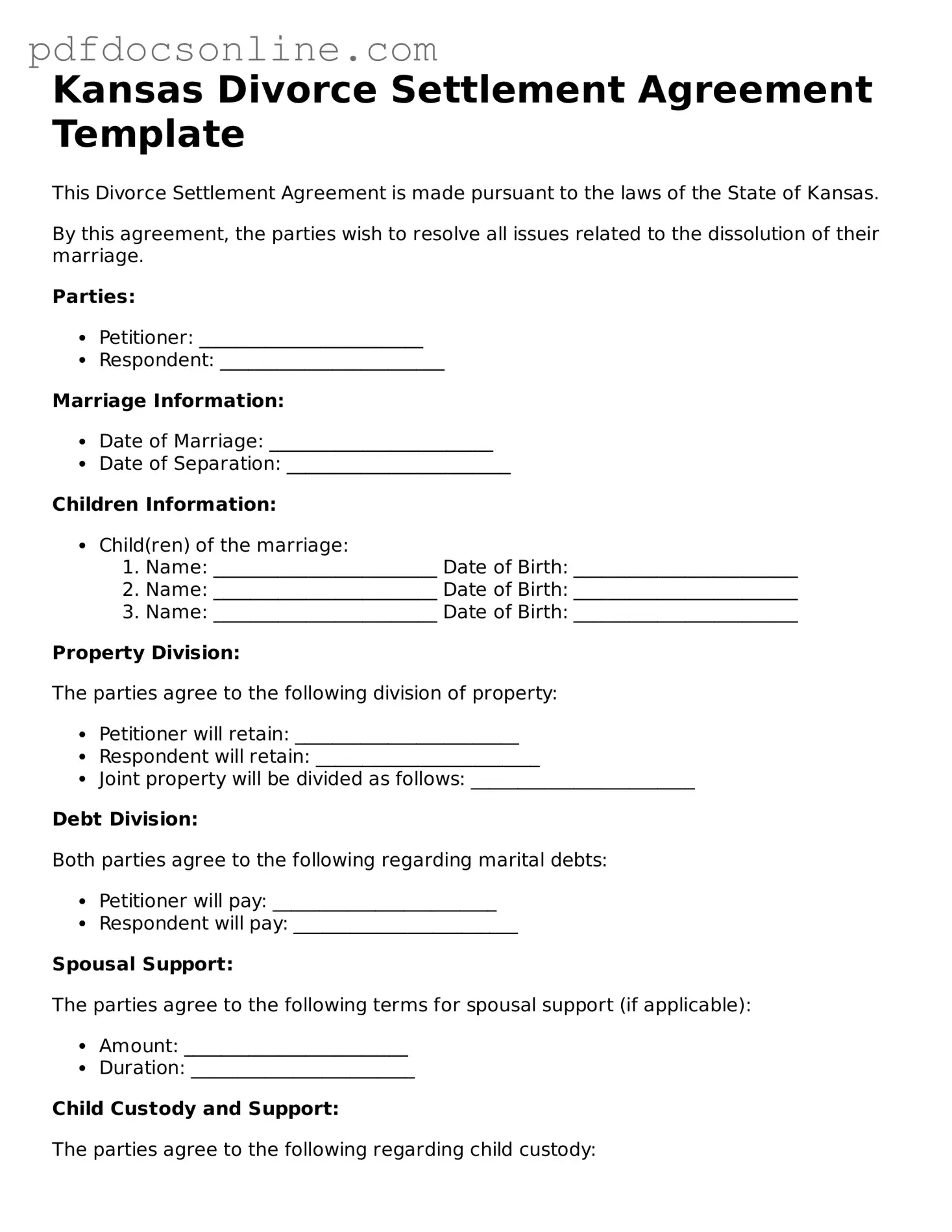 Attorney-Verified  Divorce Settlement Agreement Form for Kansas